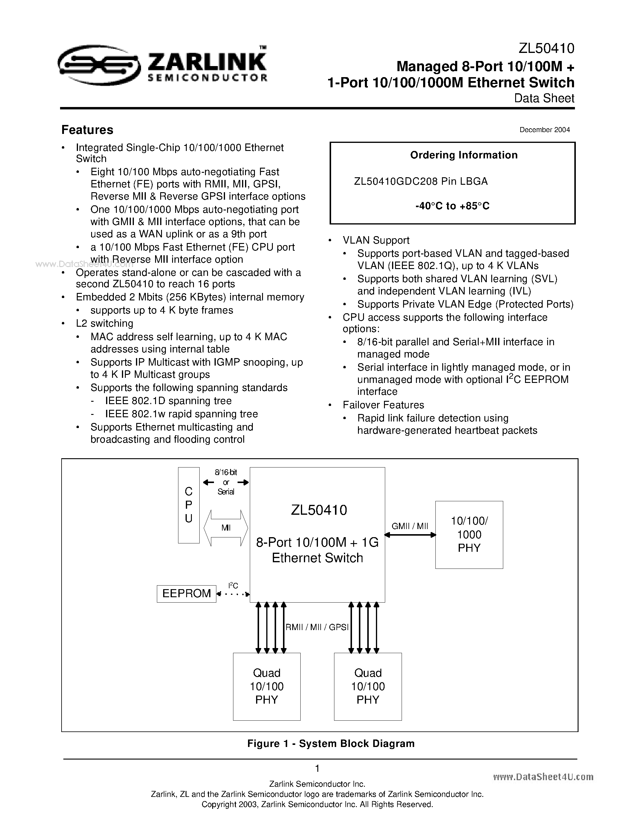 Даташит ZL50410 - Managed 8-Port 10/100M 1-Port 10/100/1000M Ethernet Switch страница 1