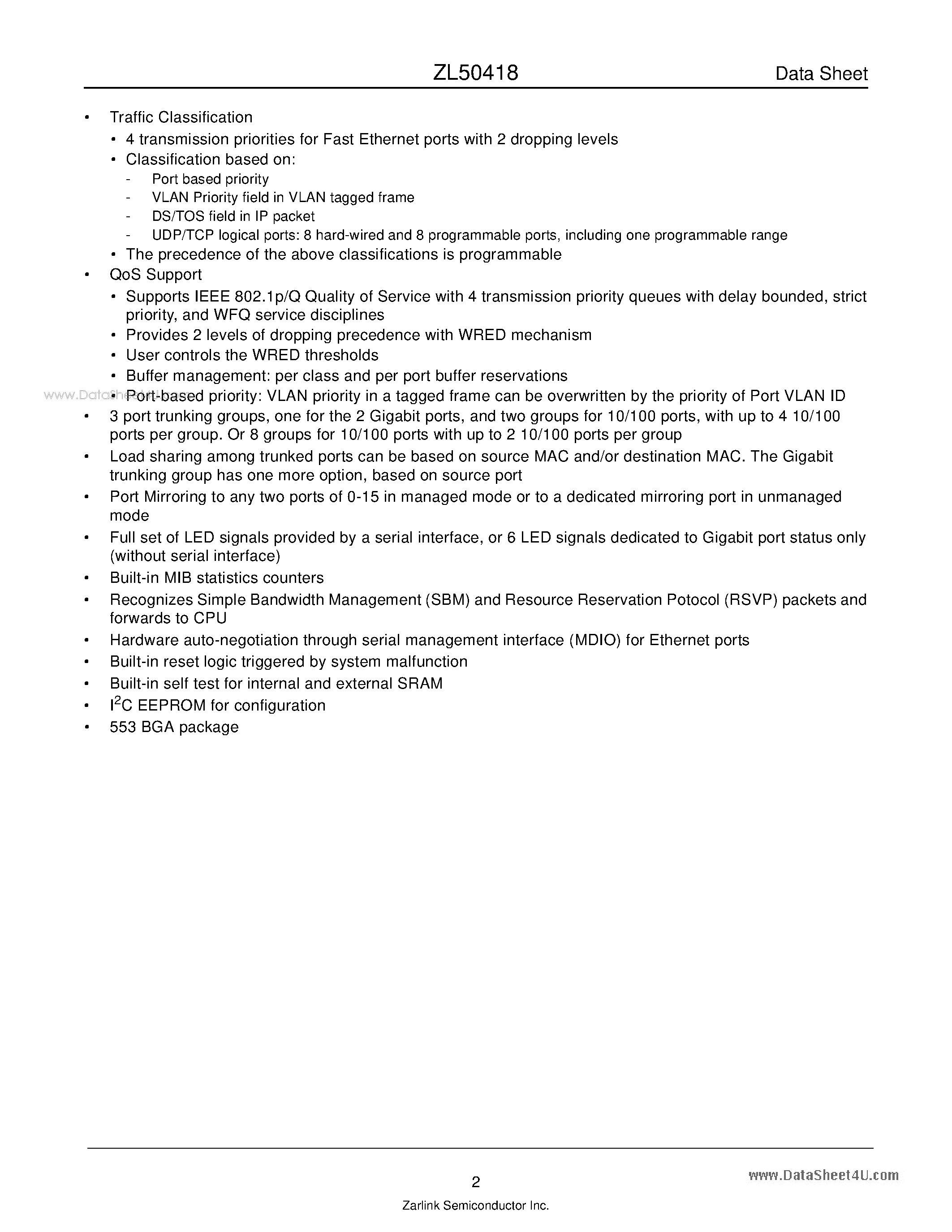 Даташит на микросхему ZL50418 страница 2 Даташит ZL50418 - Managed 16-Port 10/100 M + 2-Port 1 G Ethernet Switch страница 2