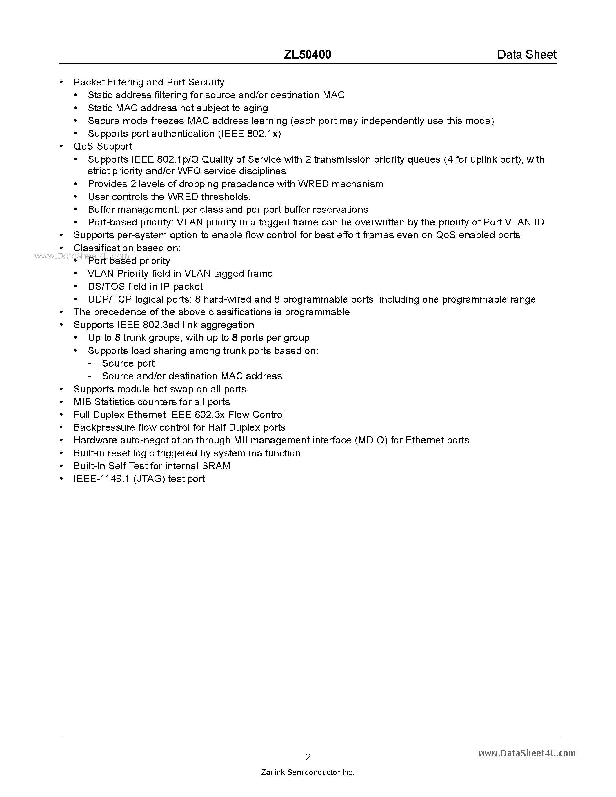Даташит на микросхему ZL50400 страница 2 Даташит ZL50400 - Lightly Managed/Unmanaged 9-Port 10/100 M Ethernet Switch страница 2