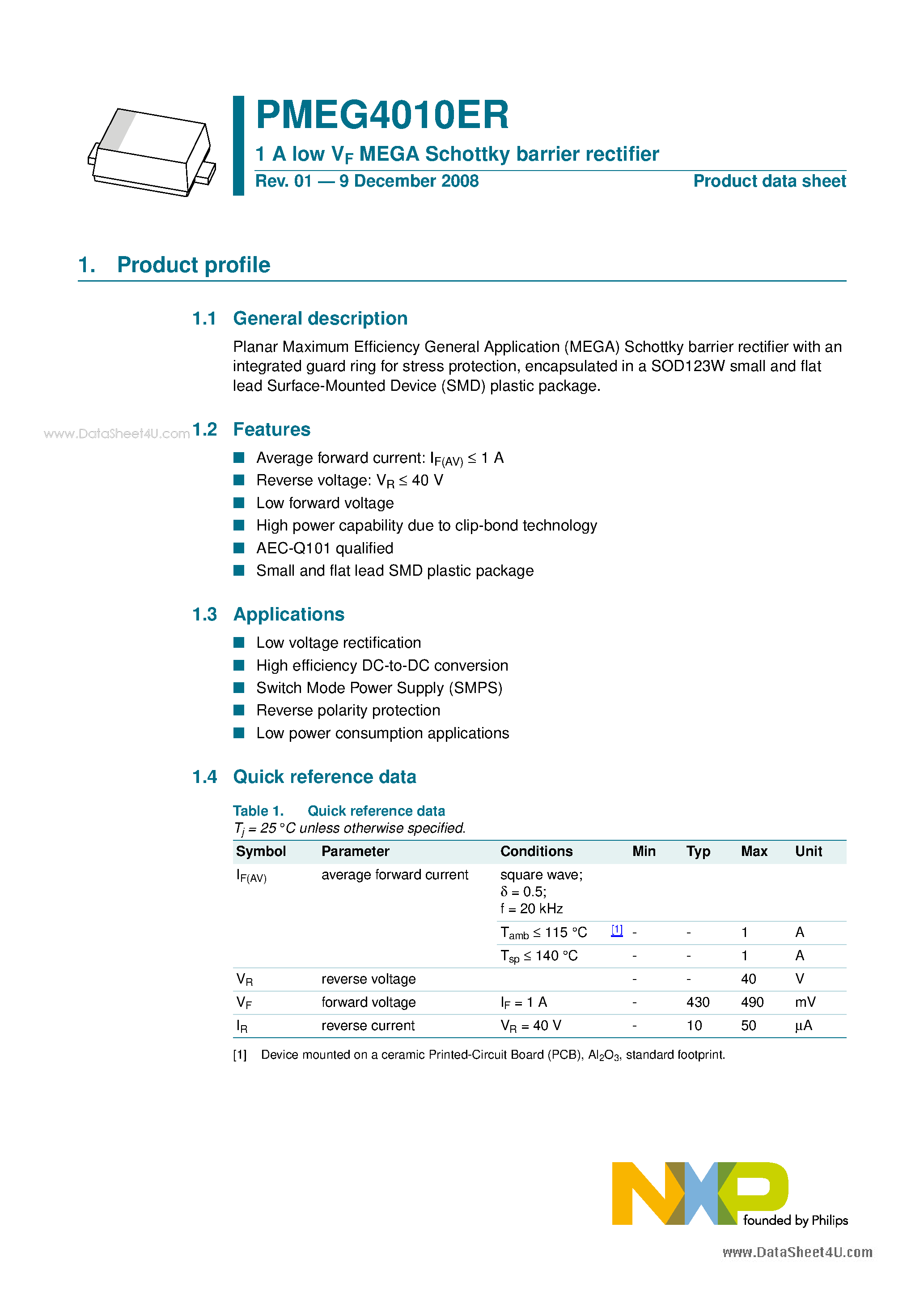 Datasheet PMEG4010ER - 1 A low VF MEGA Schottky barrier rectifier page 1