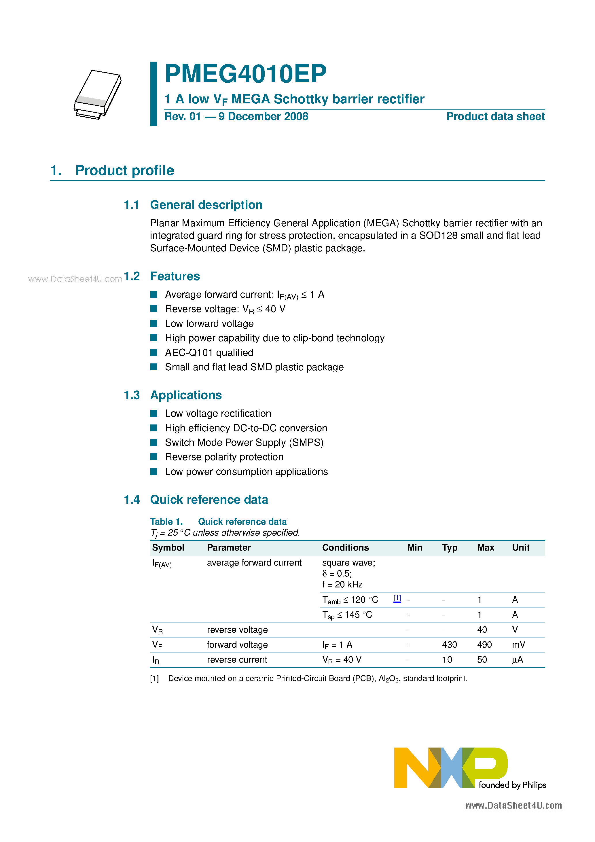 Datasheet PMEG4010EP - 1 A low VF MEGA Schottky barrier rectifier page 1