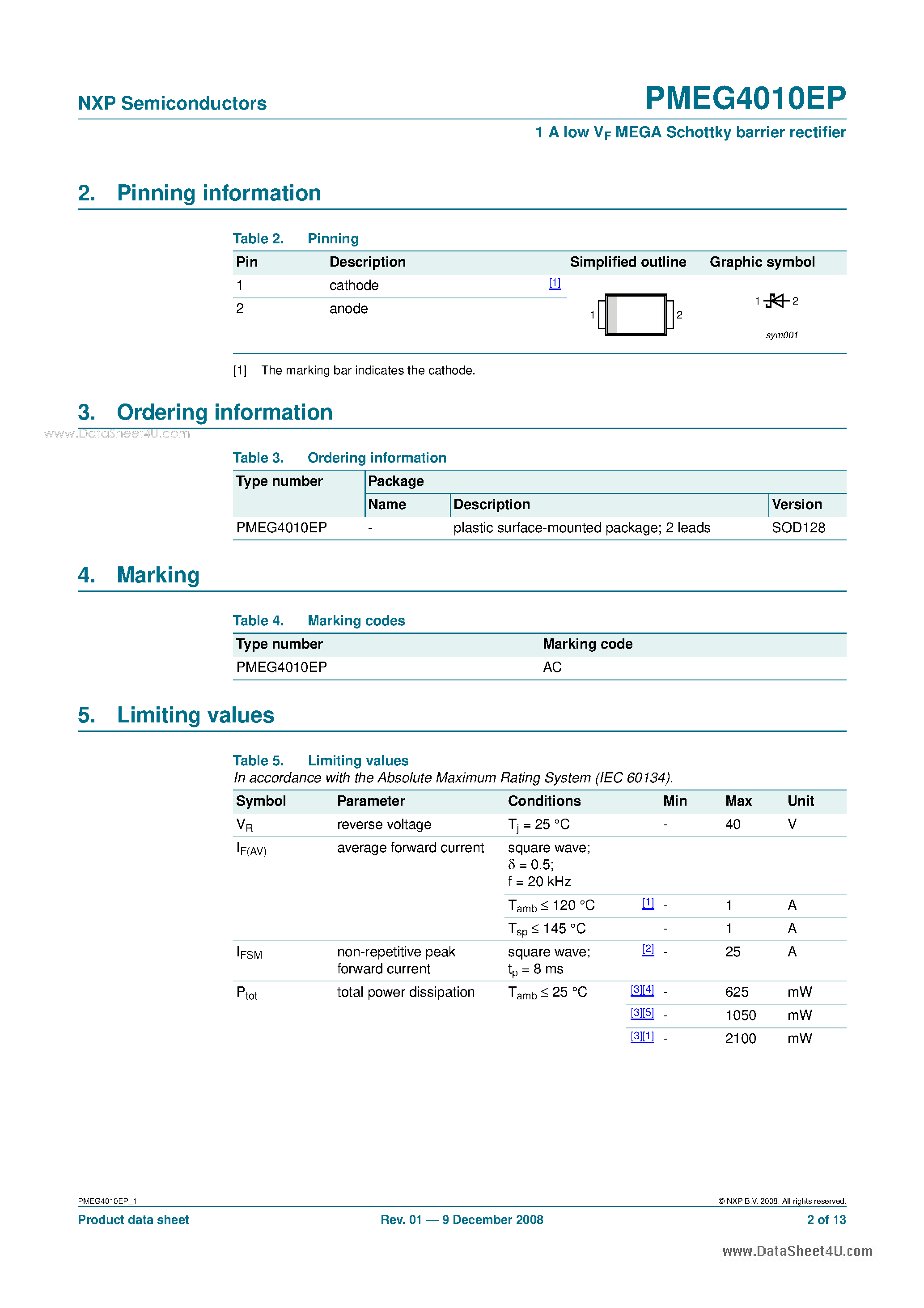 Datasheet PMEG4010EP - 1 A low VF MEGA Schottky barrier rectifier page 2