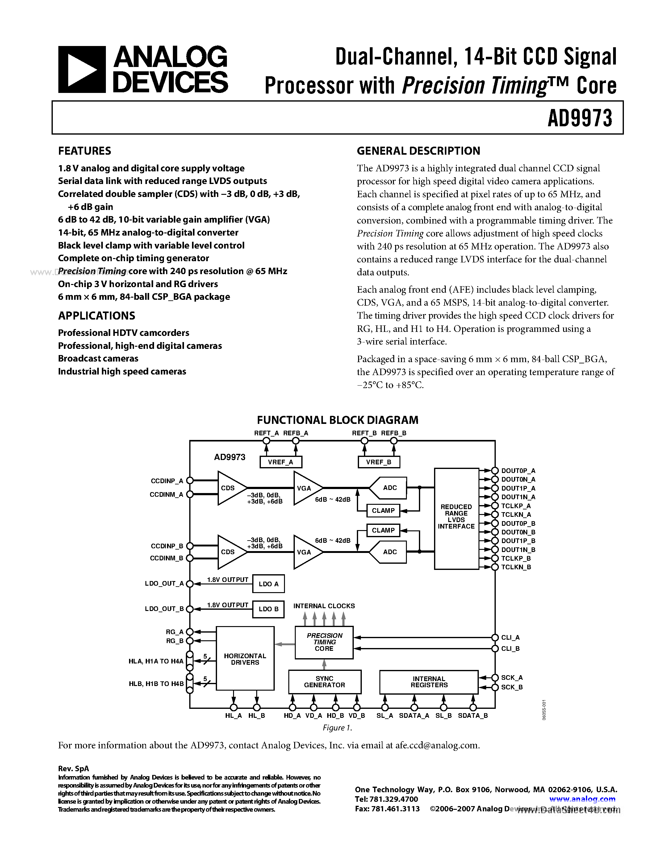 Datasheet AD9973 - 14-Bit CCD Signal Processor page 1