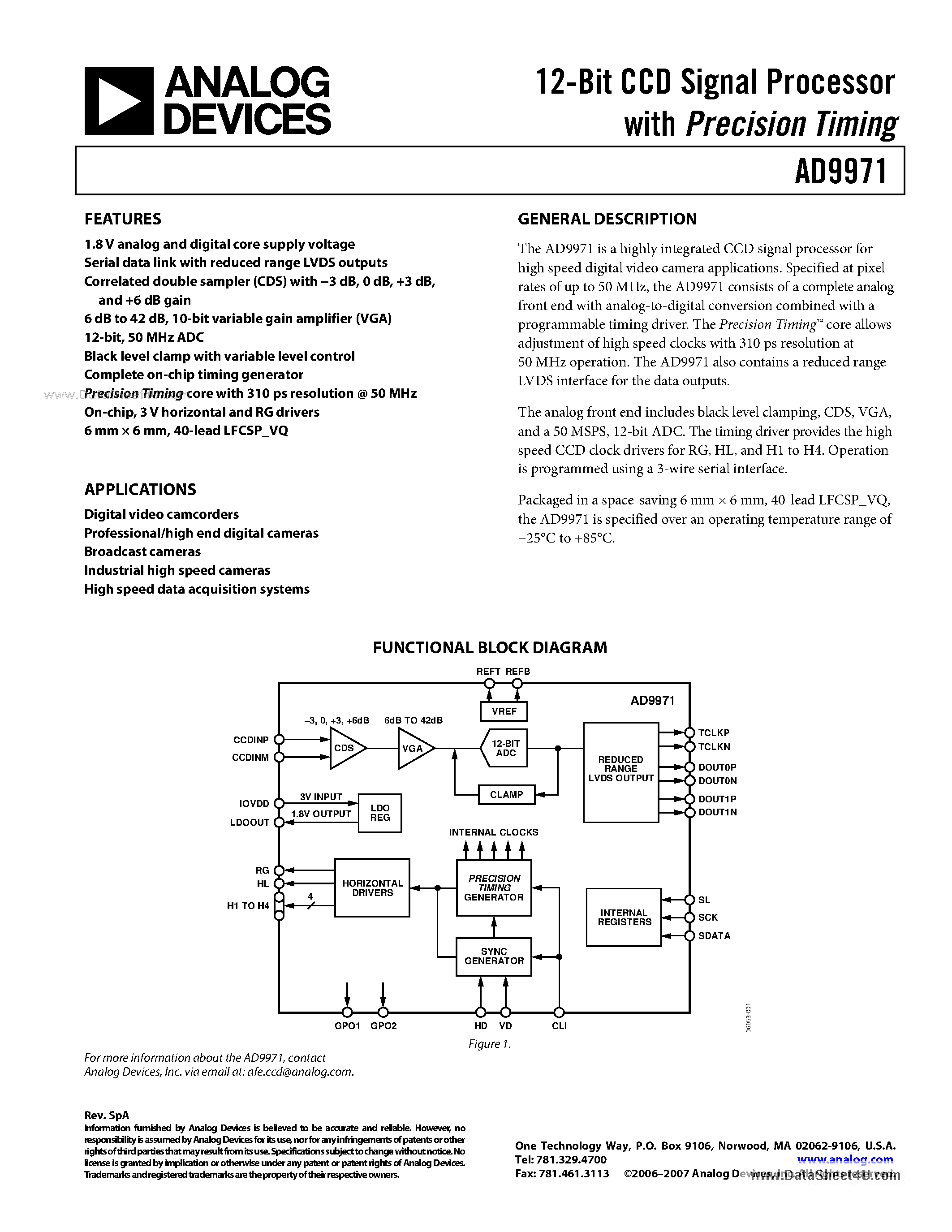 Datasheet AD9971 page 1 Datasheet AD9971 - 12-Bit CCD Signal Processor page 1