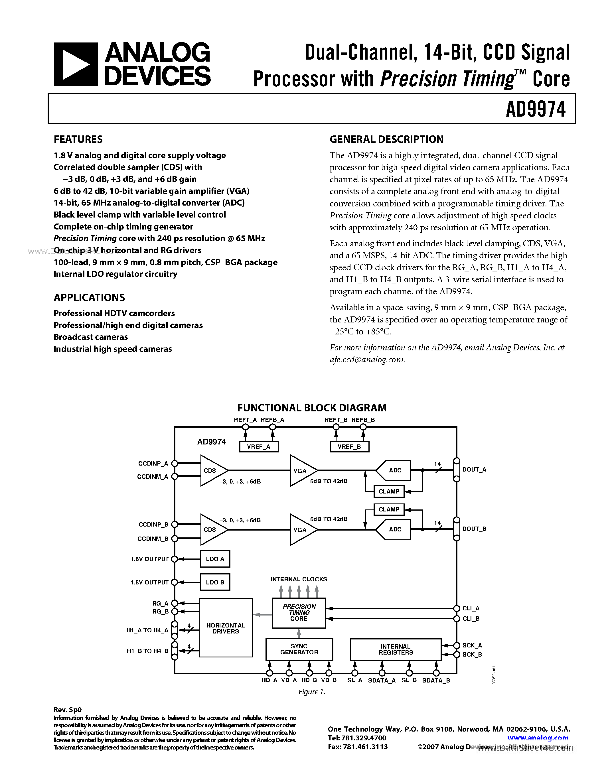 Datasheet AD9974 page 1 Datasheet AD9974 - CCD Signal Processor page 1