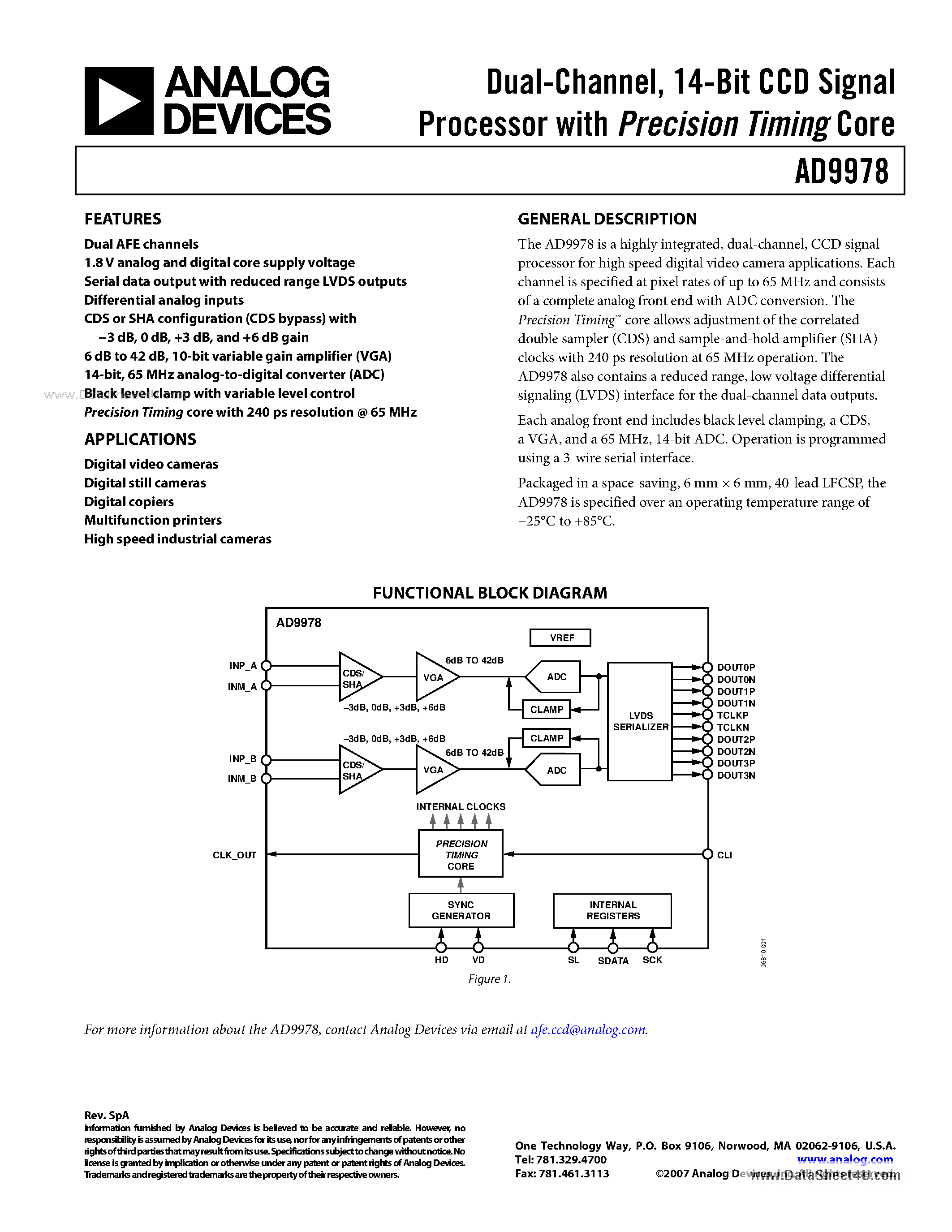 Datasheet AD9978 page 1 Datasheet AD9978 - 14-Bit CCD Signal Processor page 1
