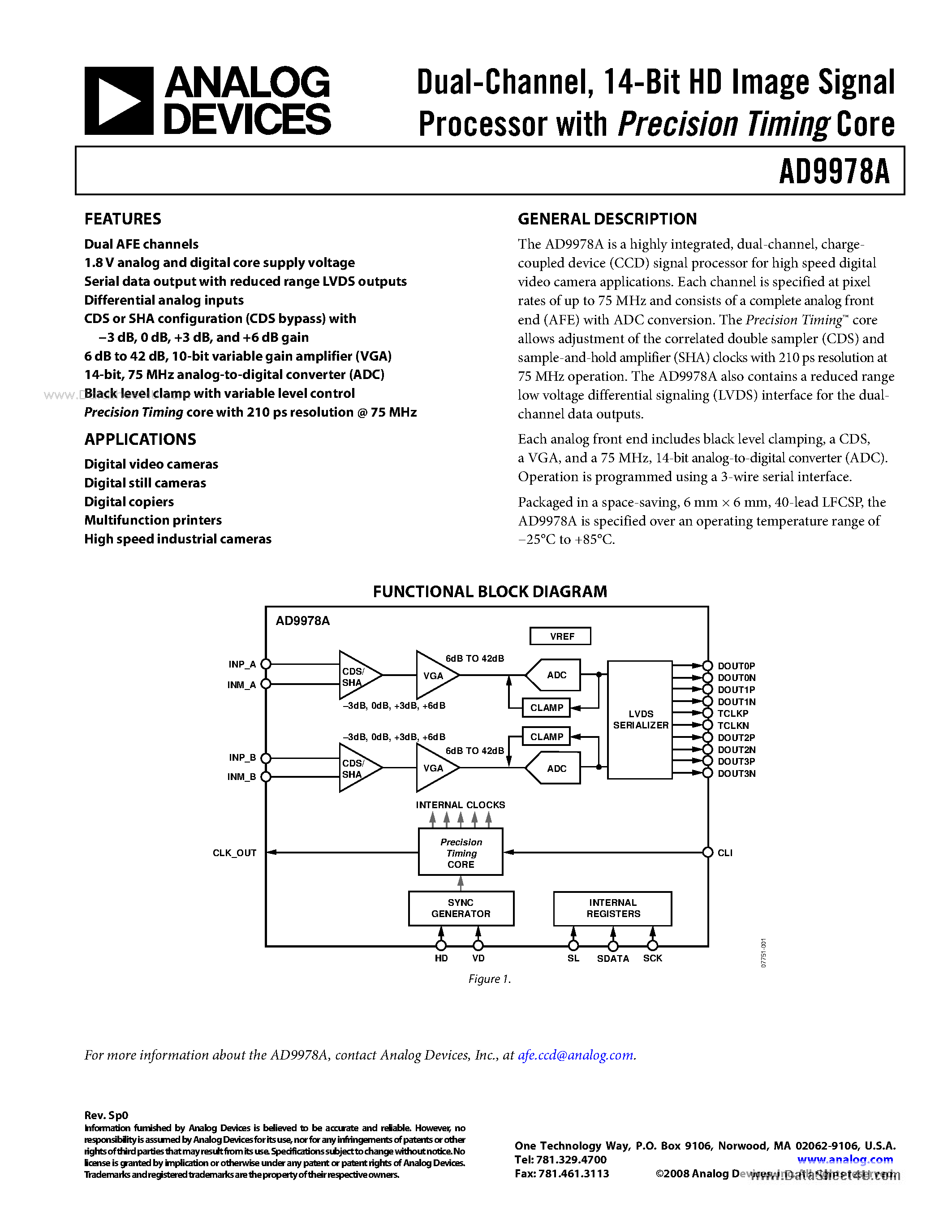Datasheet AD9978A page 1 Datasheet AD9978A - 14-Bit HD Image Signal Processor page 1