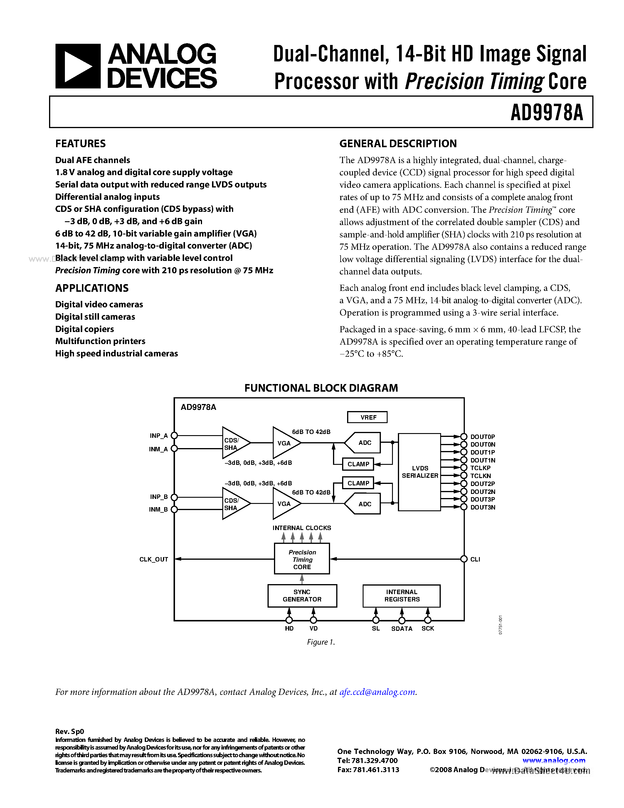 Даташит AD9978A - 14-Bit HD Image Signal Processor страница 1