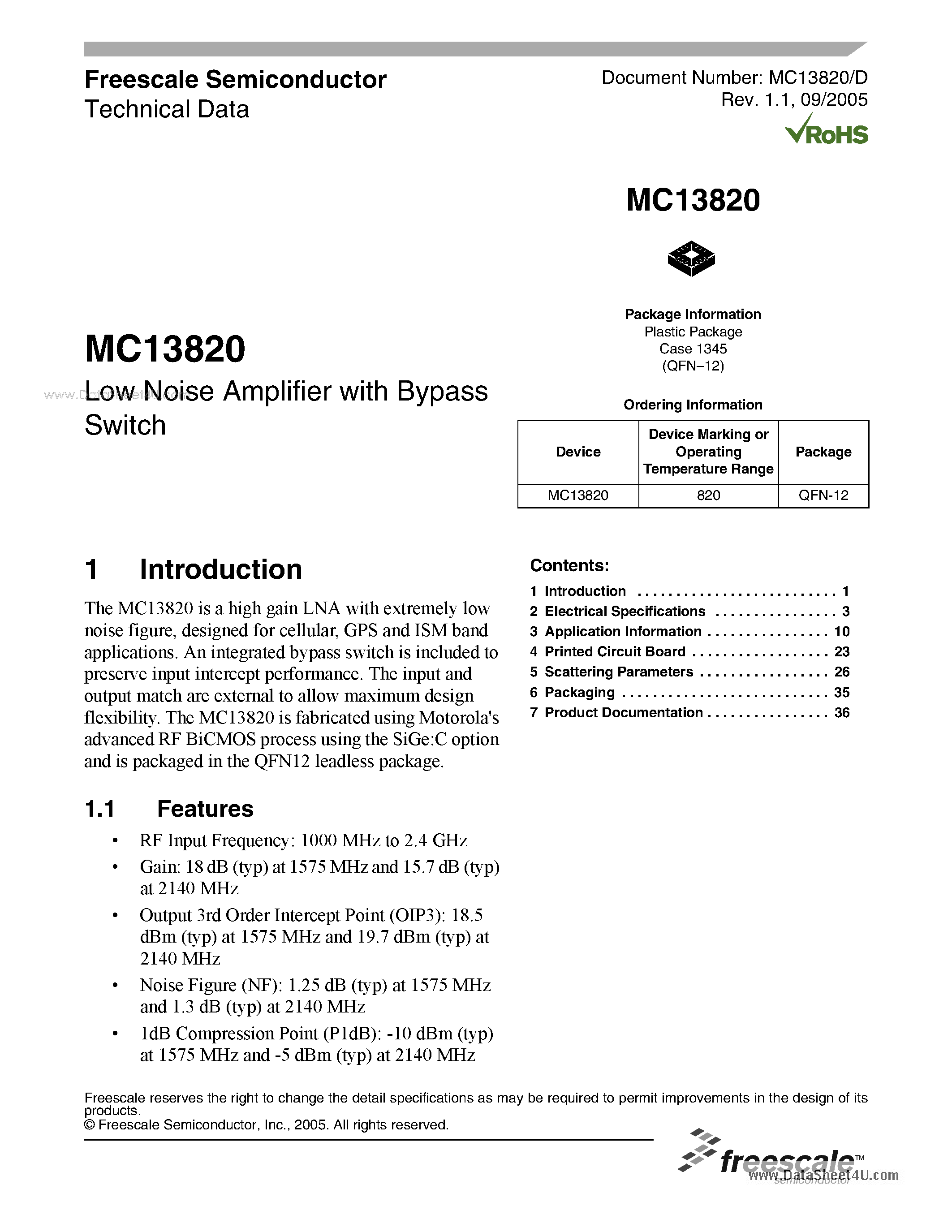 Datasheet MC13820 - Low Noise Amplifier page 1