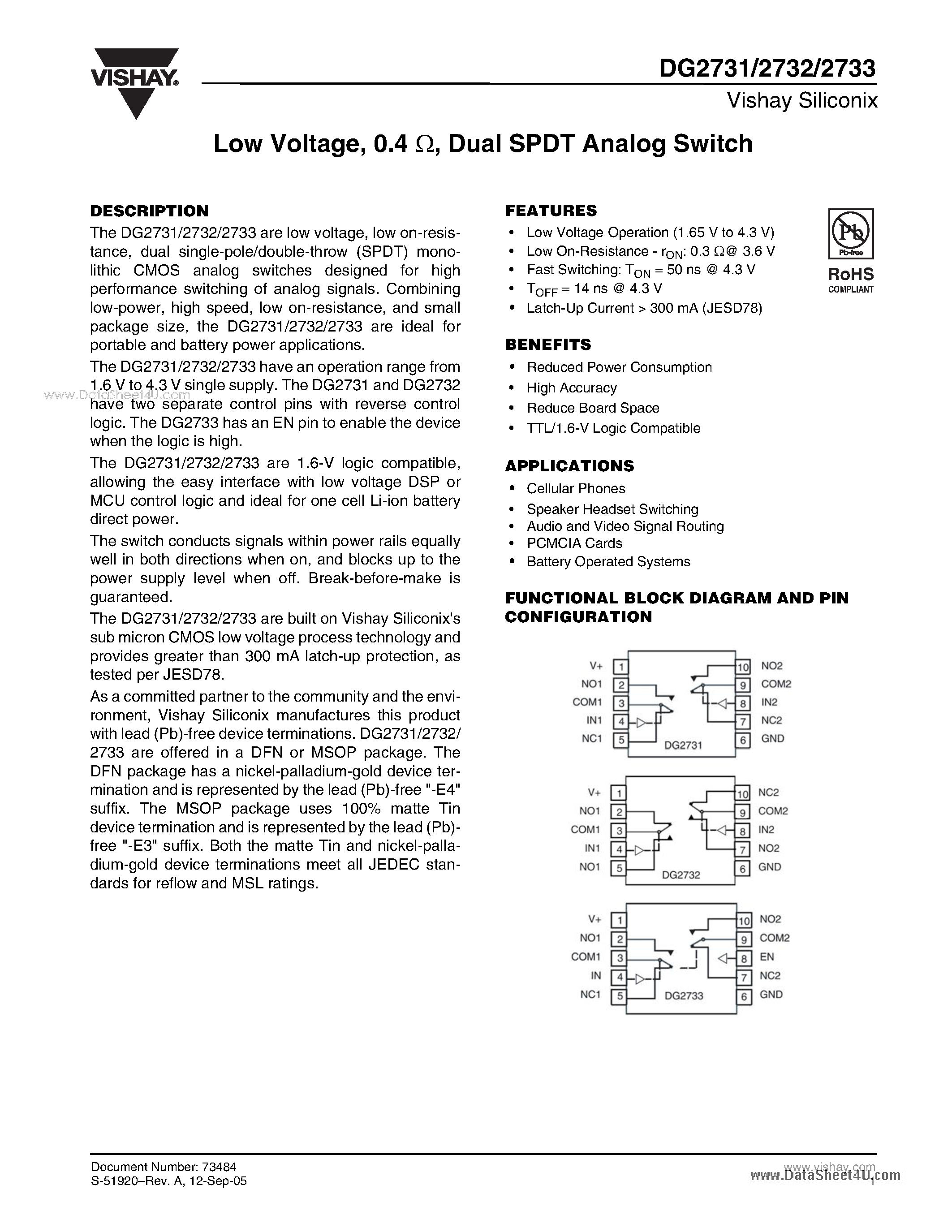 Даташит на микросхему DG2731 страница 1 Даташит DG2731 - Dual SPDT Analog Switch страница 1