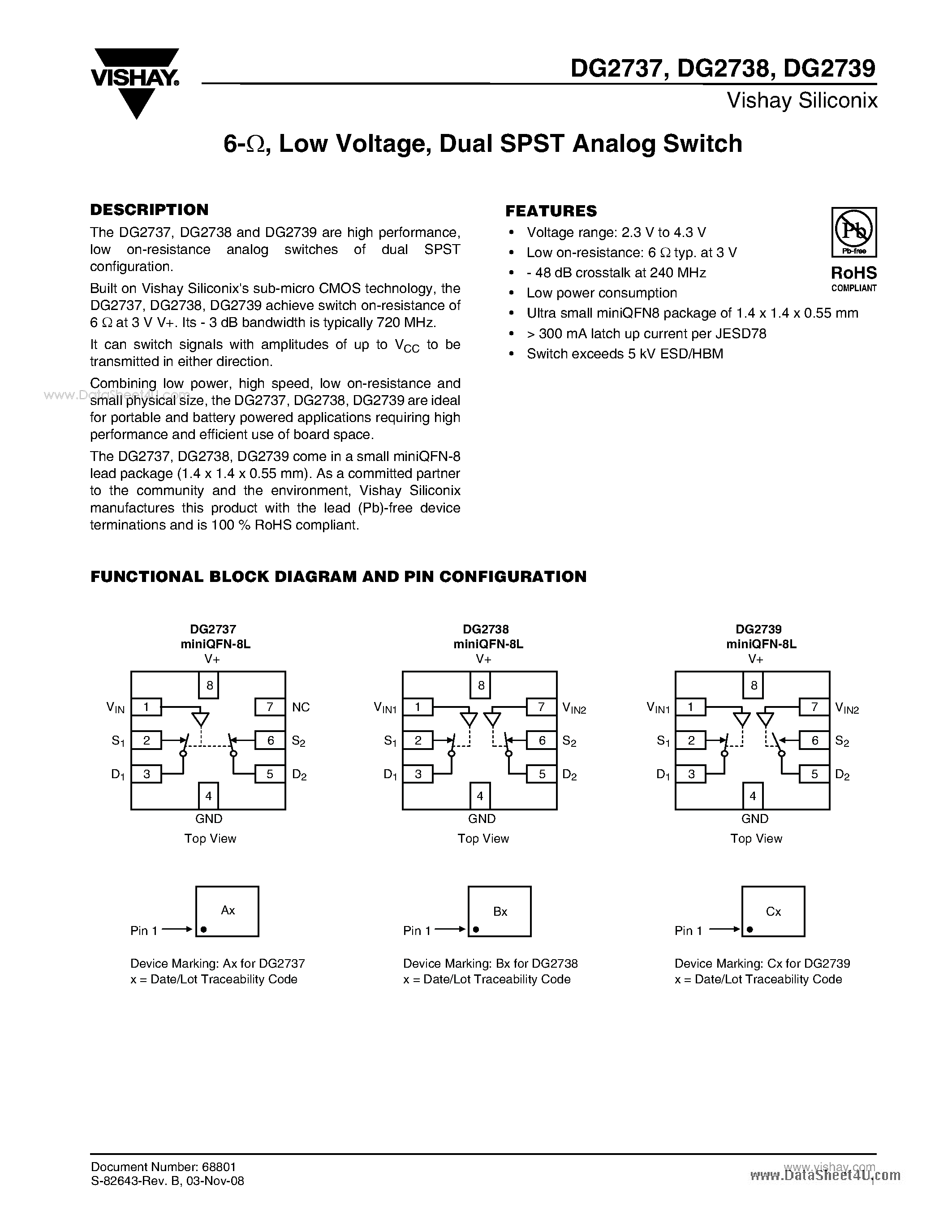 Даташит на микросхему DG2737 страница 1 Даташит DG2737 - Dual SPST Analog Switch страница 1