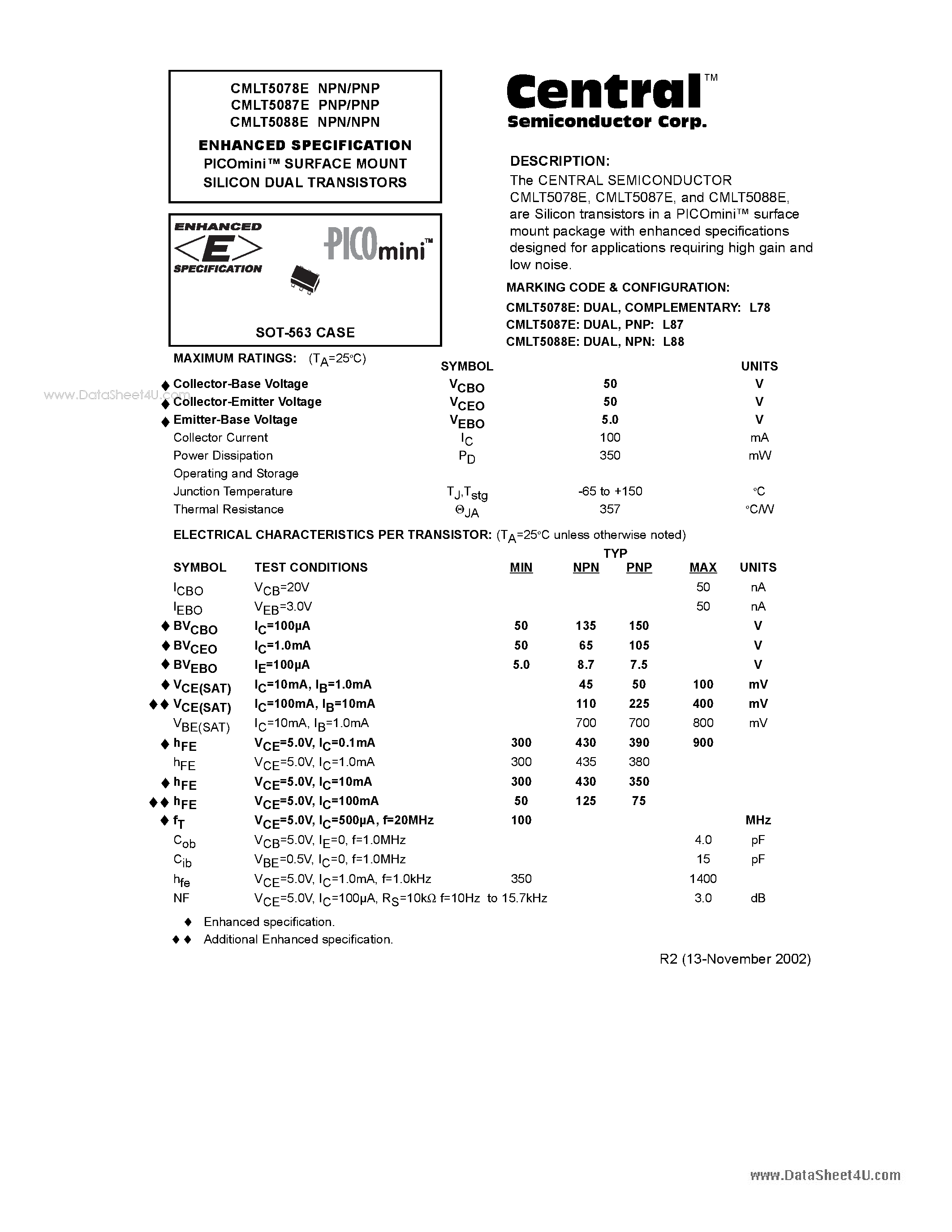 Даташит CMLT5078E - ENHANCED SPECIFICATION PICOmini SURFACE MOUNT SILICON DUAL TRANSISTORS страница 1