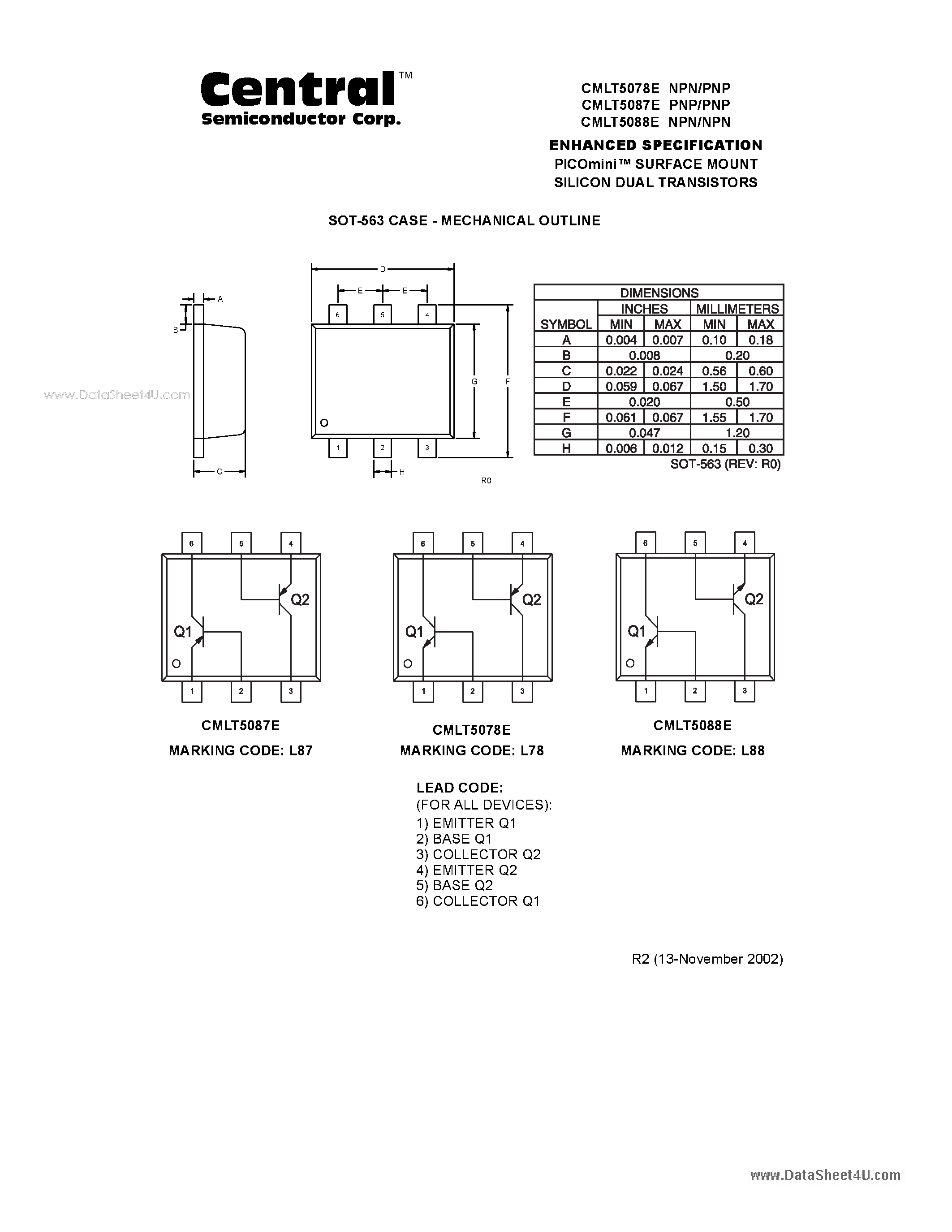 Даташит CMLT5078E - ENHANCED SPECIFICATION PICOmini SURFACE MOUNT SILICON DUAL TRANSISTORS страница 2