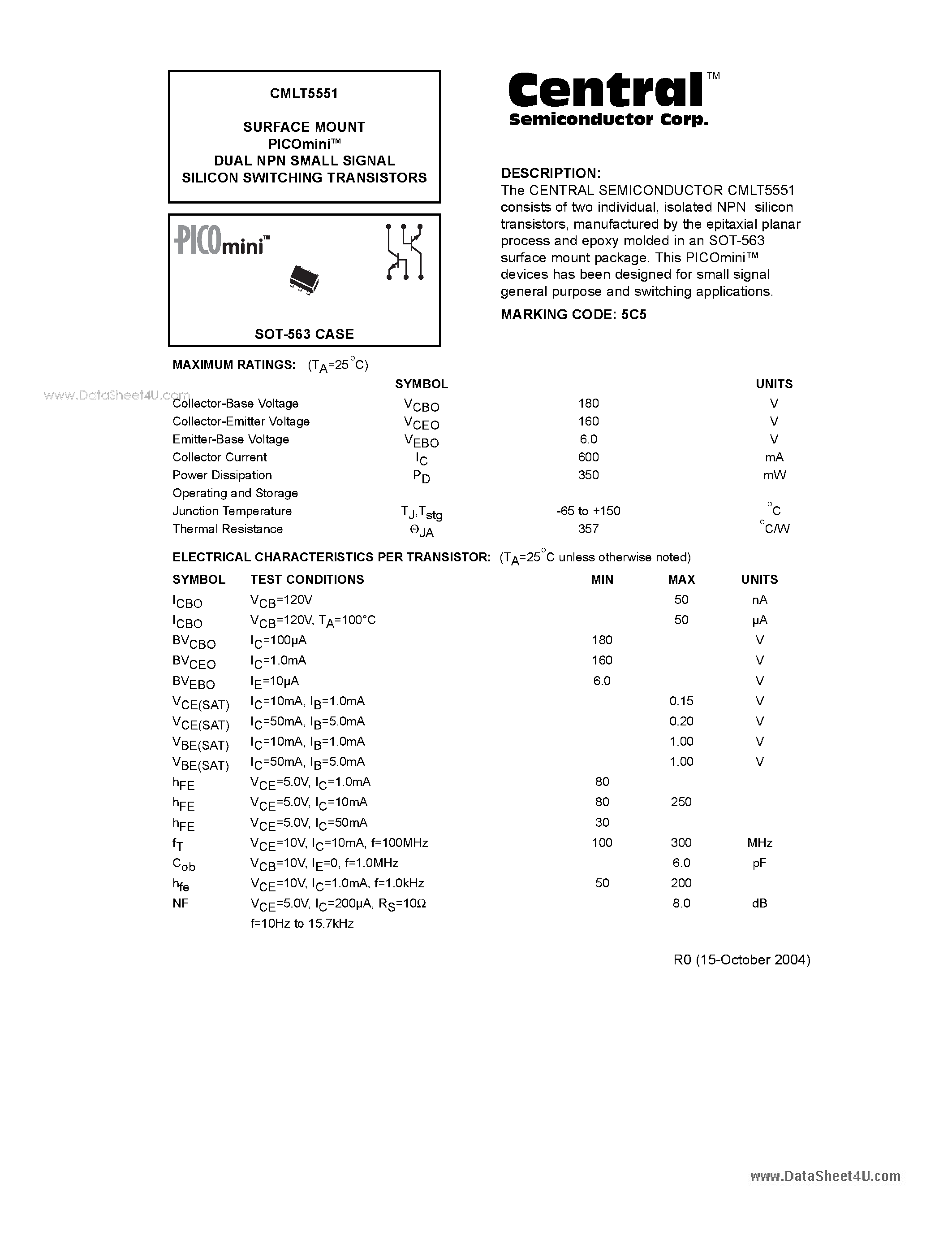 Даташит CMLT5551 - SURFACE MOUNT PICOmini DUAL NPN SMALL SIGNAL SILICON SWITCHING TRANSISTORS страница 1