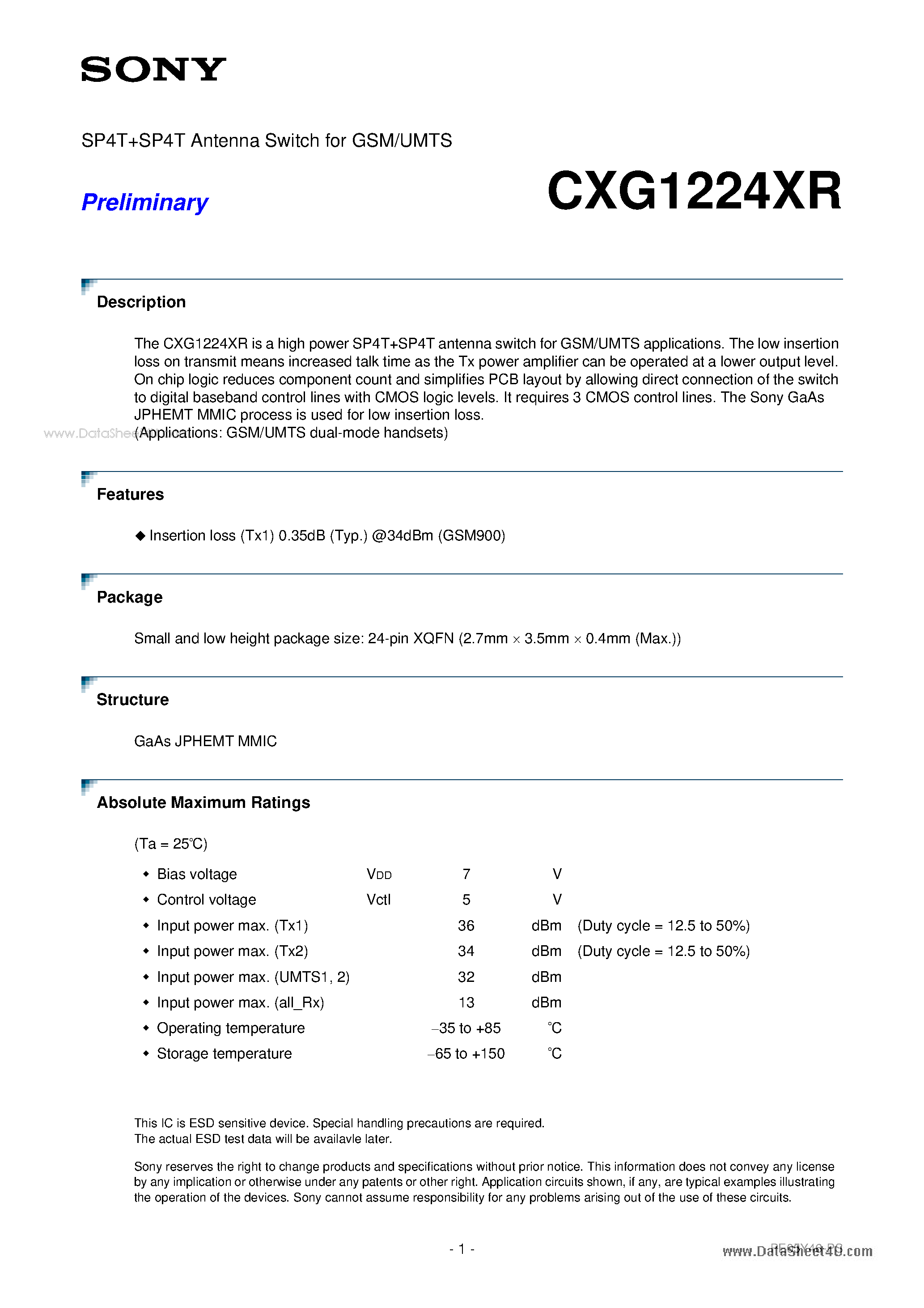 Даташит на микросхему CXG1224XR страница 1 Даташит CXG1224XR - SP4TSP4T Antenna Switch страница 1