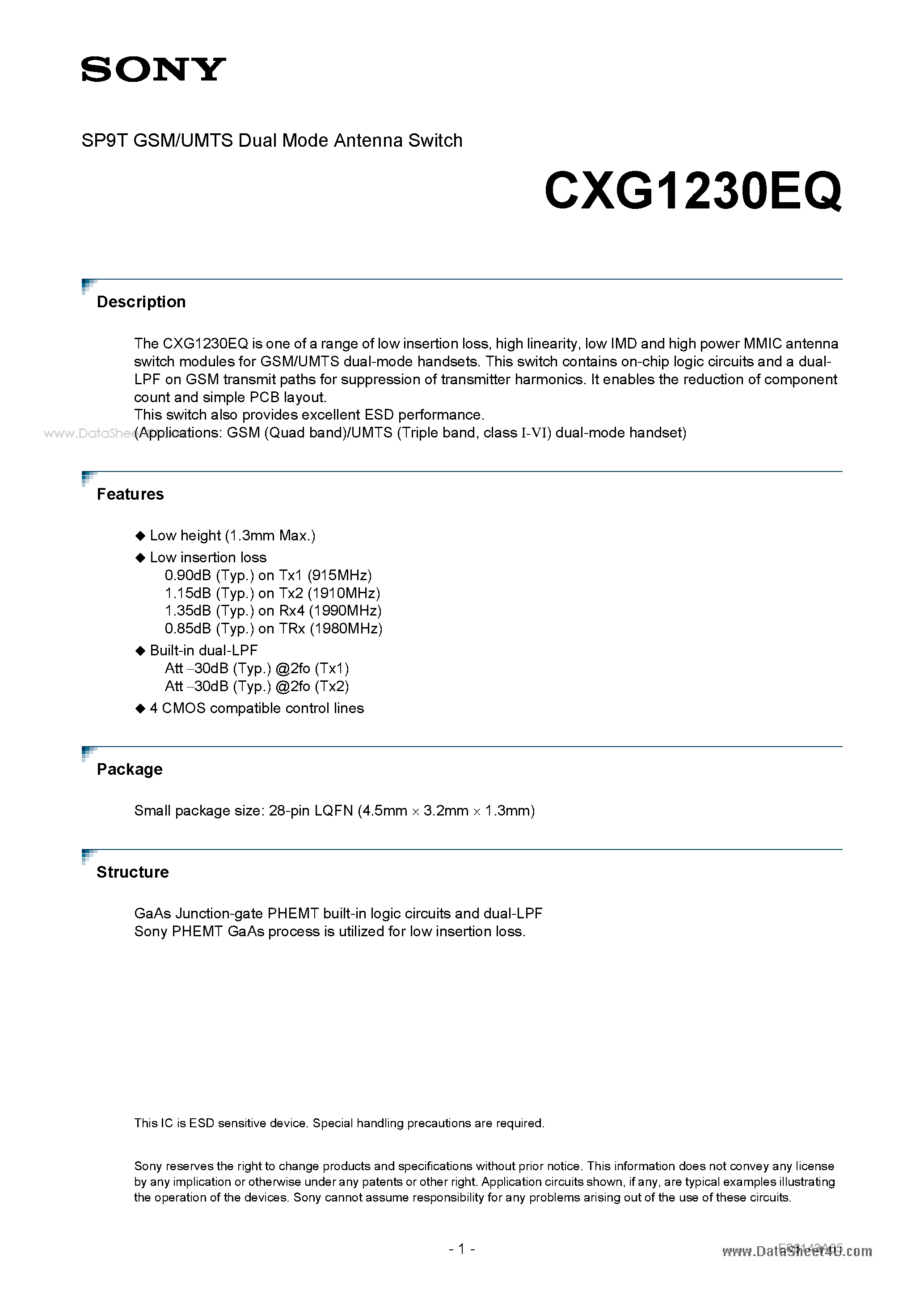 Даташит на микросхему CXG1230EQ страница 1 Даташит CXG1230EQ - SP9T GSM/UMTS Dual Mode Antenna Switch страница 1