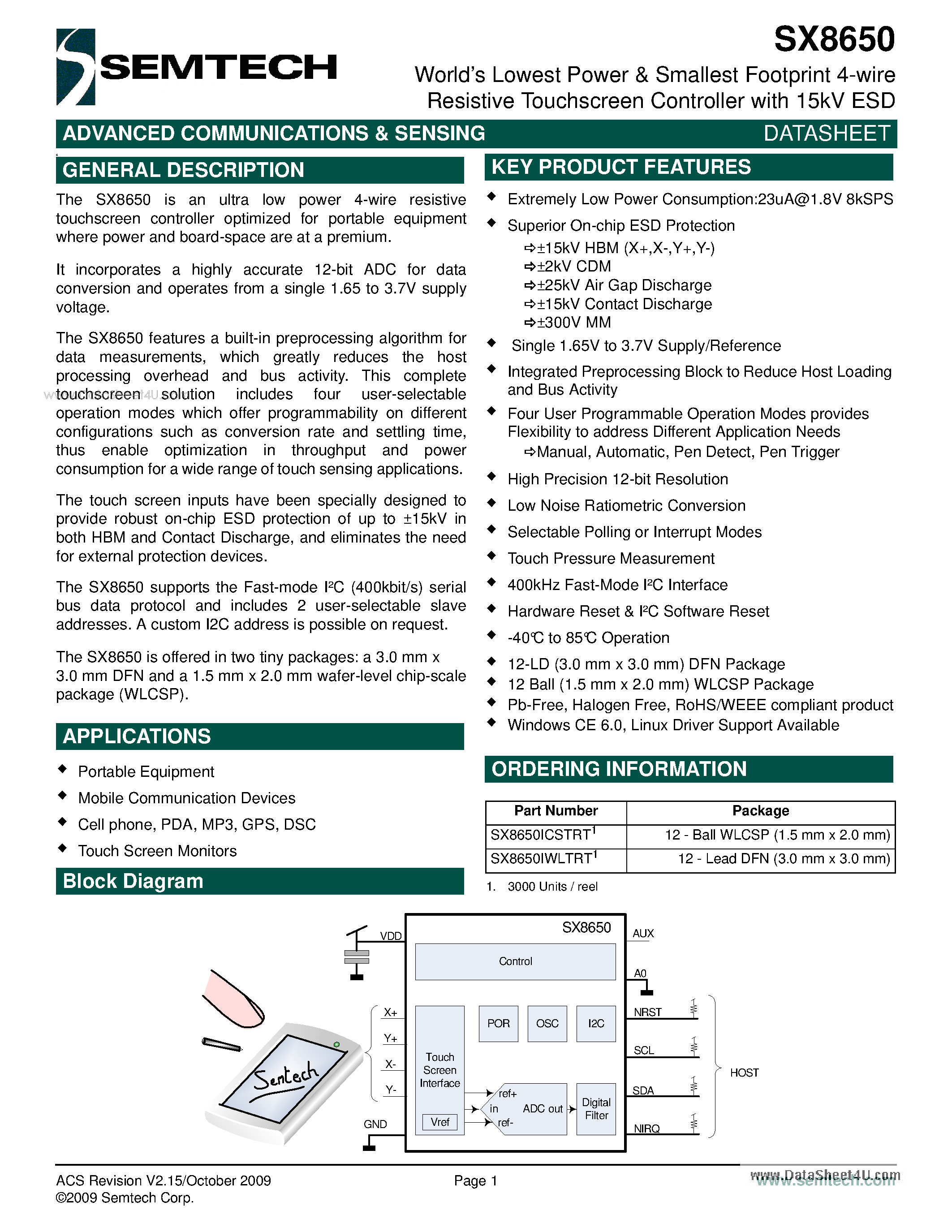 Даташит SX8650 - Worlds Lowest Power & Smallest Footprint 4-wire Resistive Touchscreen Controller страница 1