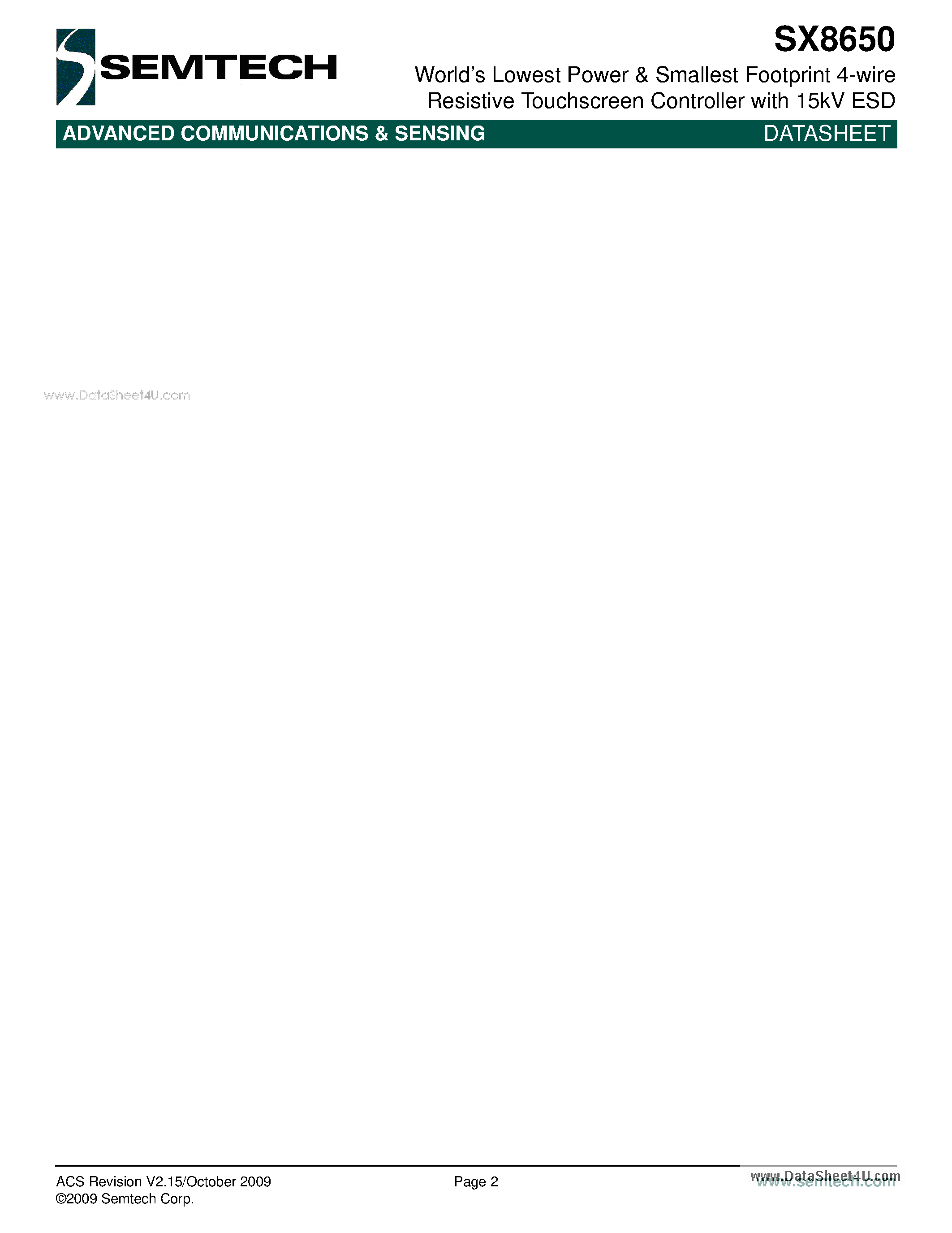 Даташит SX8650 - Worlds Lowest Power & Smallest Footprint 4-wire Resistive Touchscreen Controller страница 2