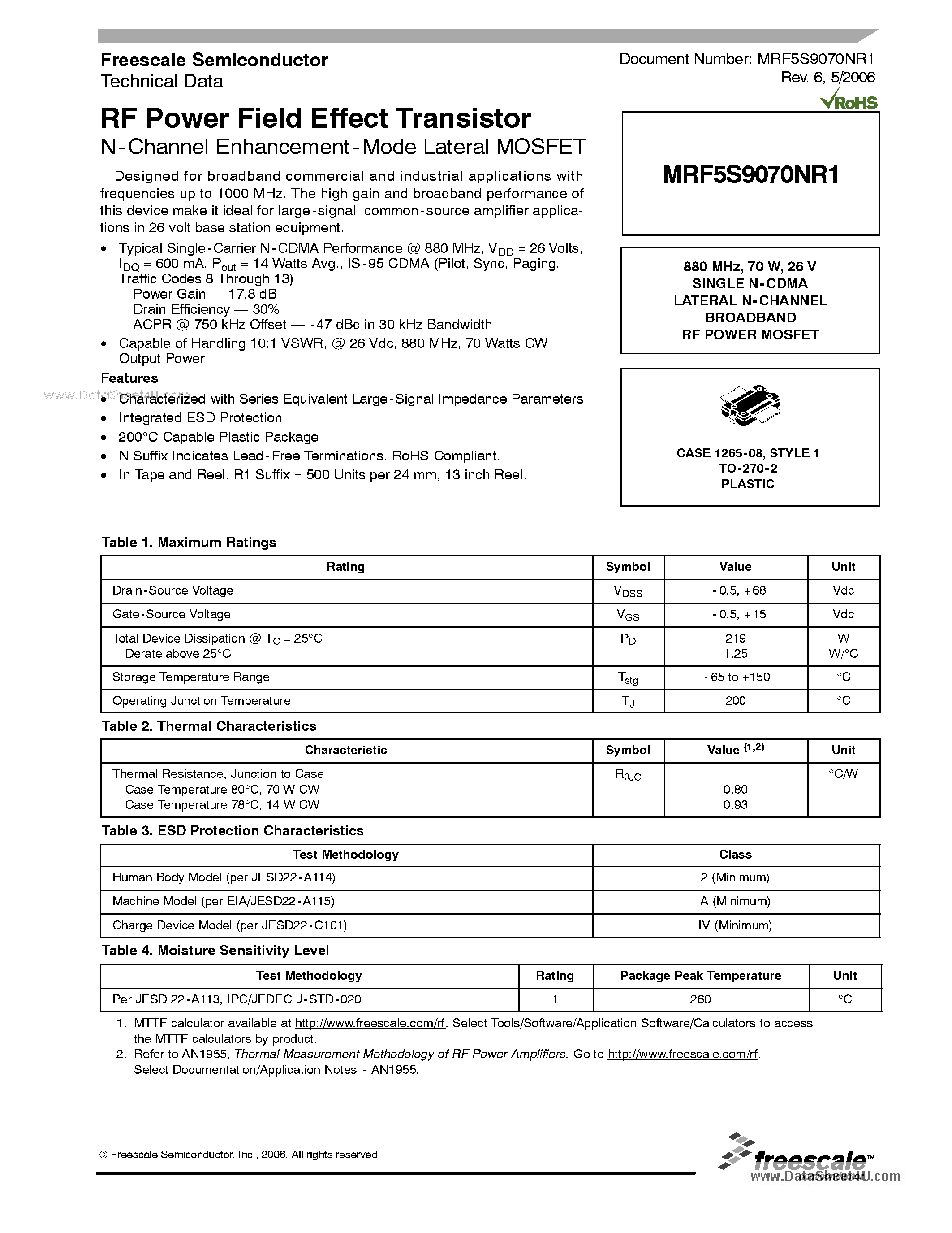 Datasheet MRF5S9070NR1 - SINGLE N-CDMA LATERAL N-CHANNEL BROADBAND RF POWER MOSFET page 1