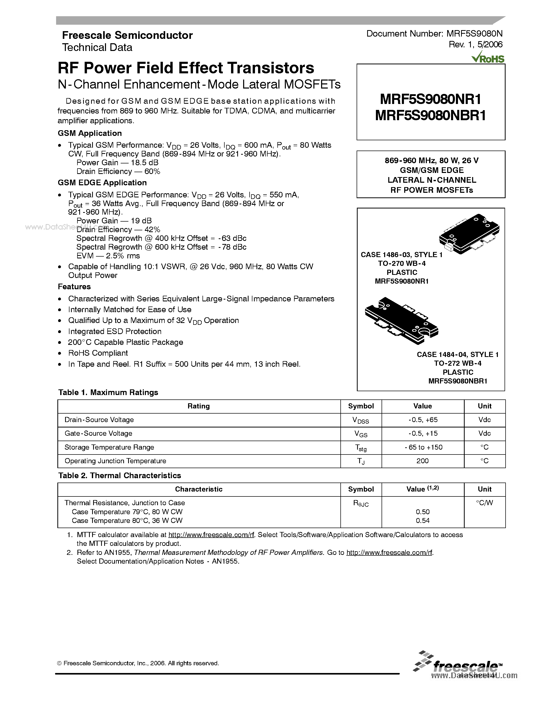 Datasheet MRF5S9080NBR1 - GSM/GSM EDGE LATERAL N-CHANNEL RF POWER MOSFETs page 1