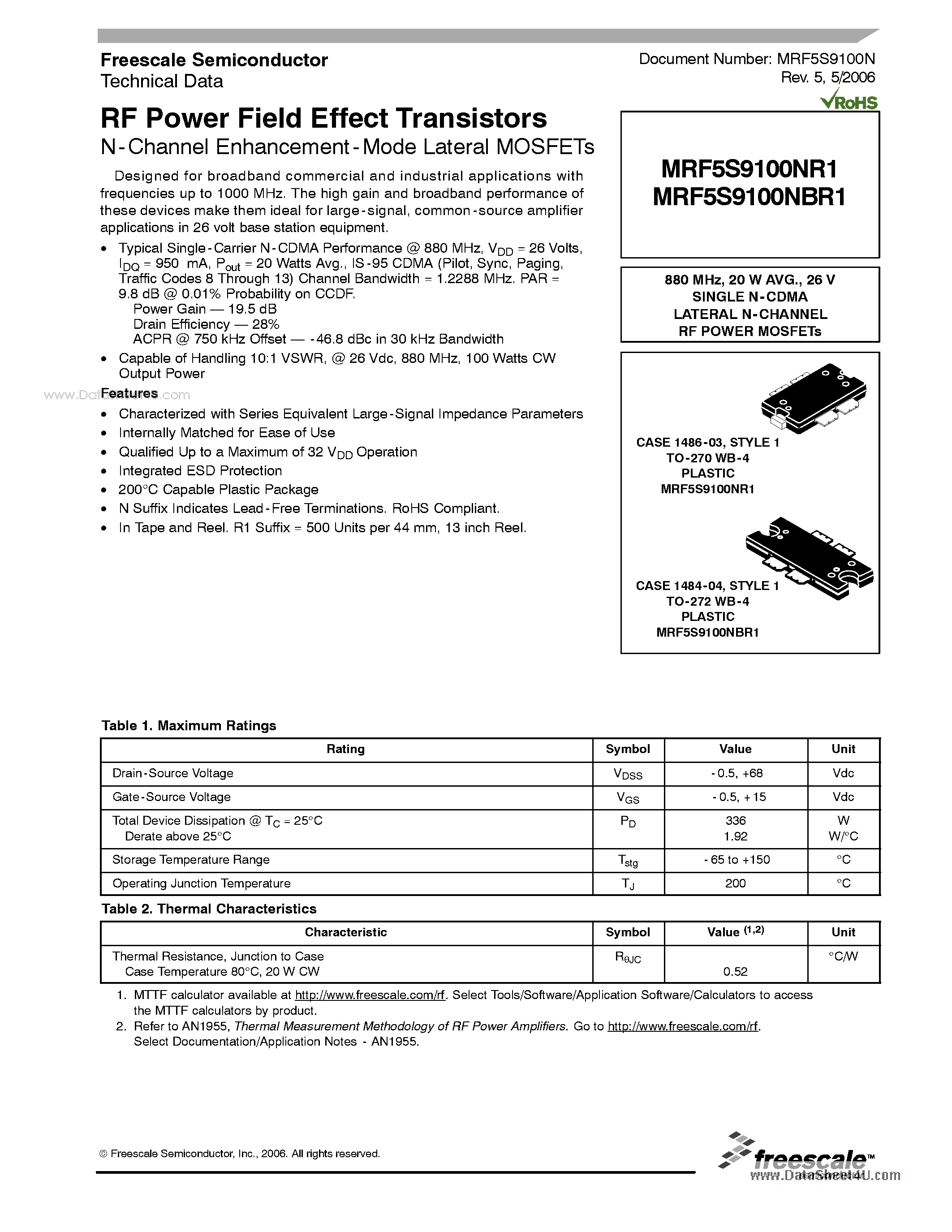 Datasheet MRF5S9100NBR1 - SINGLE N-CDMA LATERAL N-CHANNEL RF POWER MOSFETs page 1