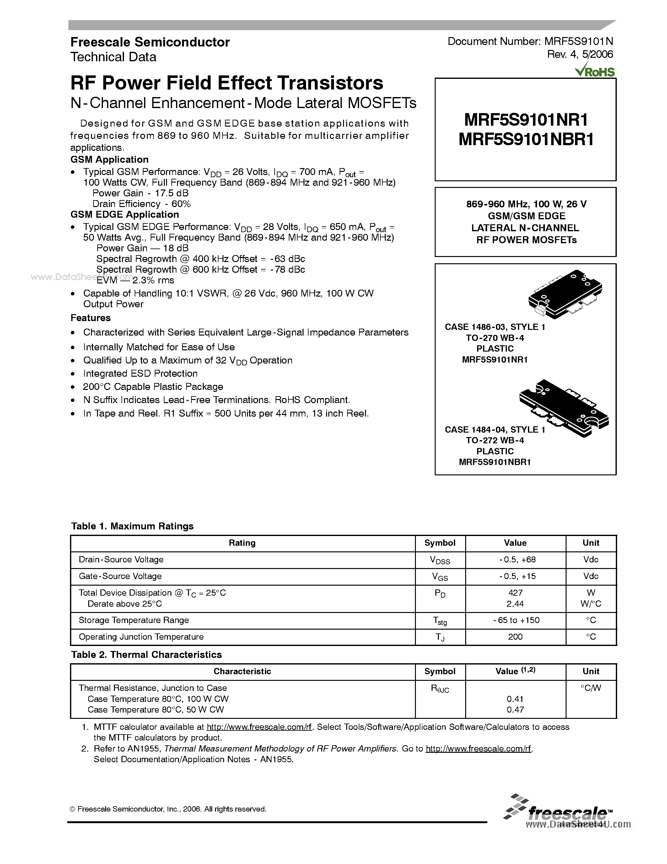 Datasheet MRF5S9101NBR1 - GSM/GSM EDGE LATERAL N-CHANNEL RF POWER MOSFETs page 1