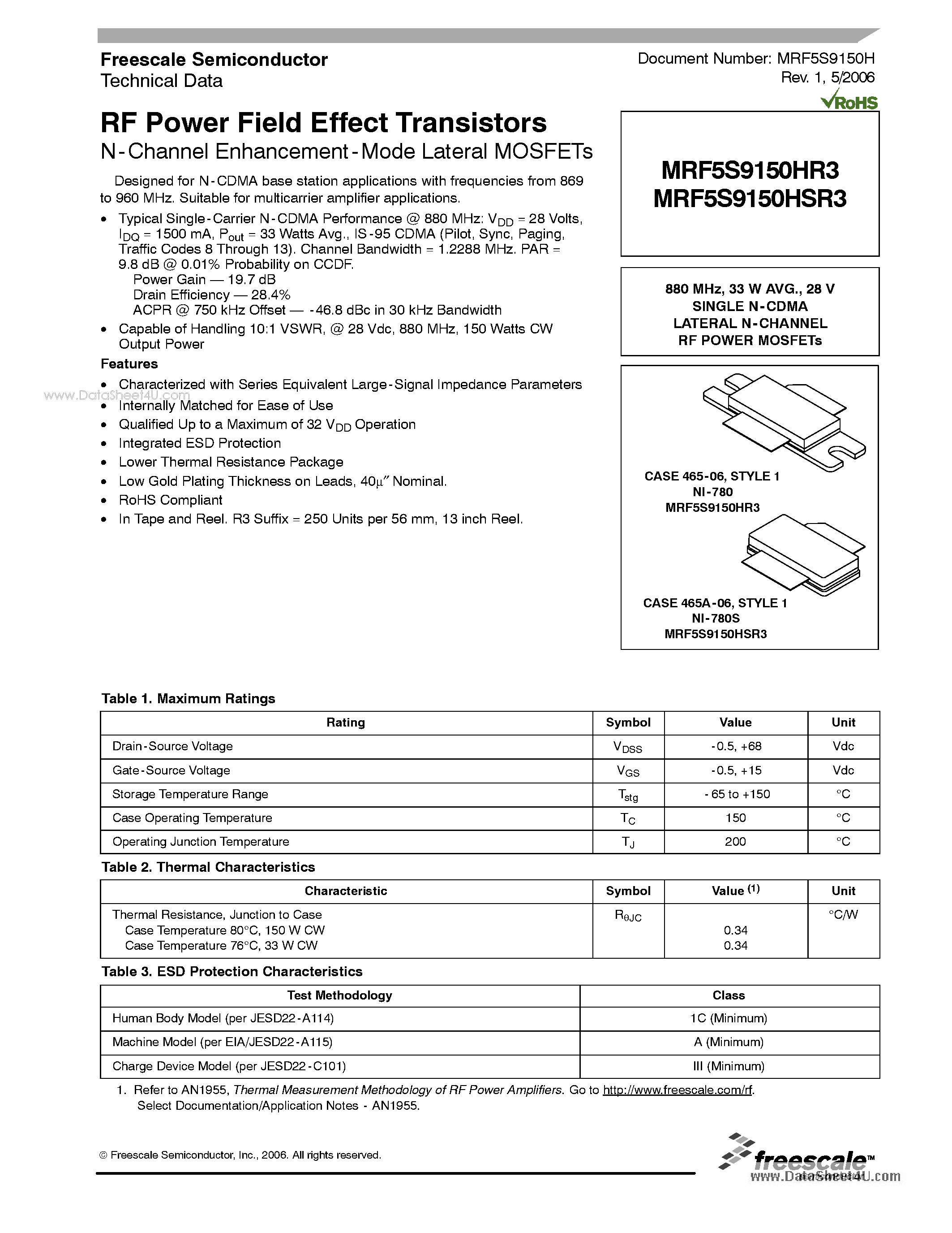 Datasheet MRF5S9150HR3 - SINGLE N-CDMA LATERAL N-CHANNEL RF POWER MOSFETs page 1