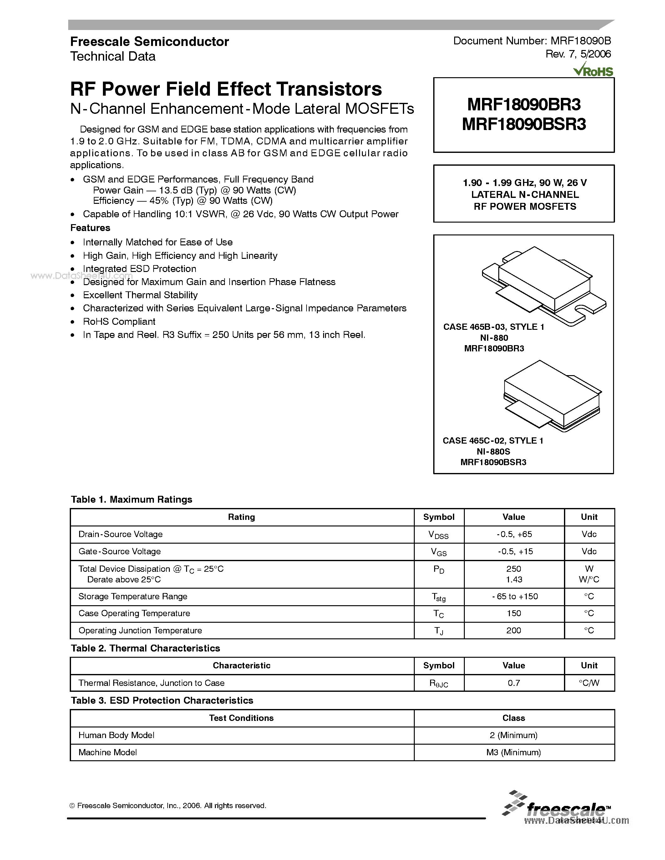 Datasheet MRF18090BR3 - LATERAL N-CHANNEL RF POWER MOSFETs page 1