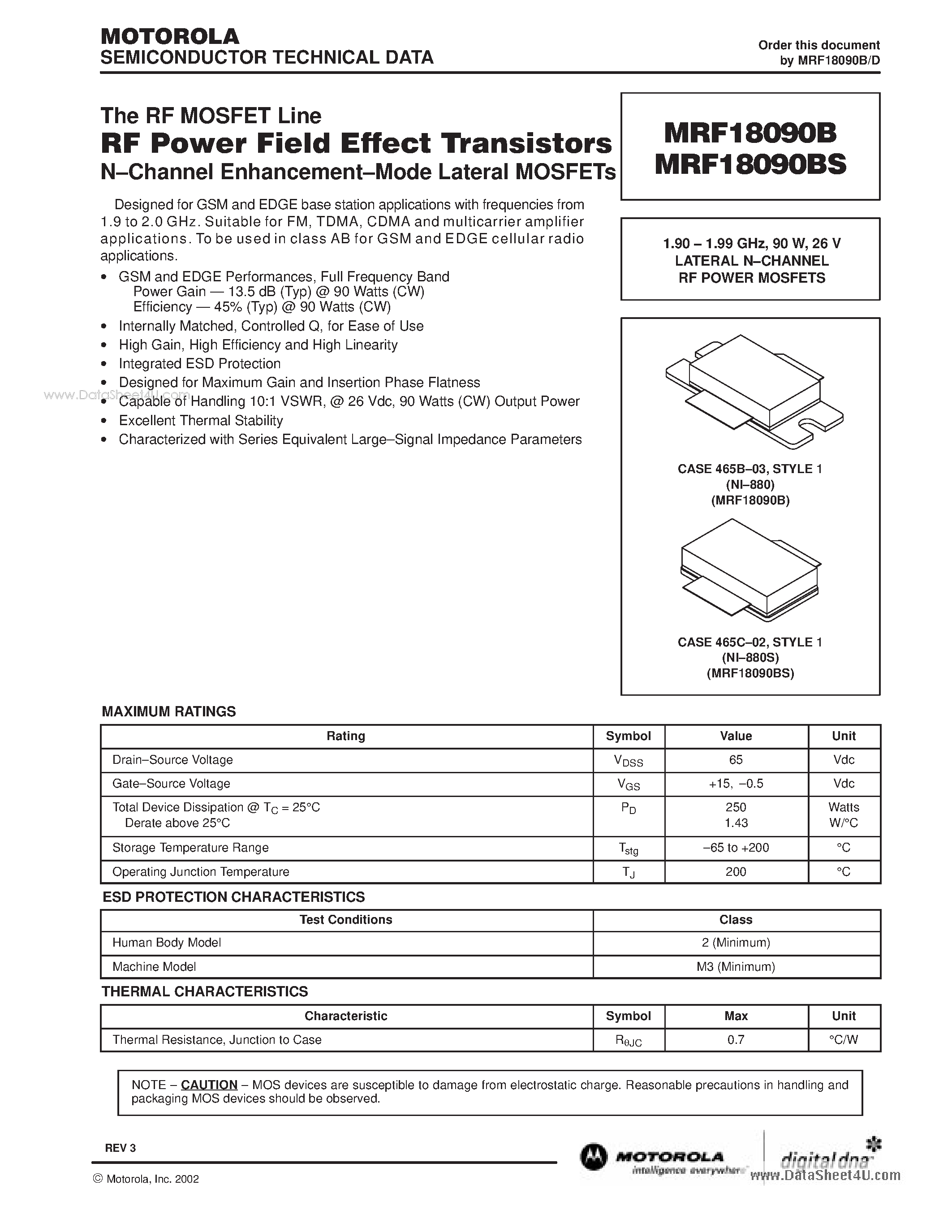 Datasheet MRF18090B - LATERAL N-CHANNEL RF POWER MOSFETs page 1