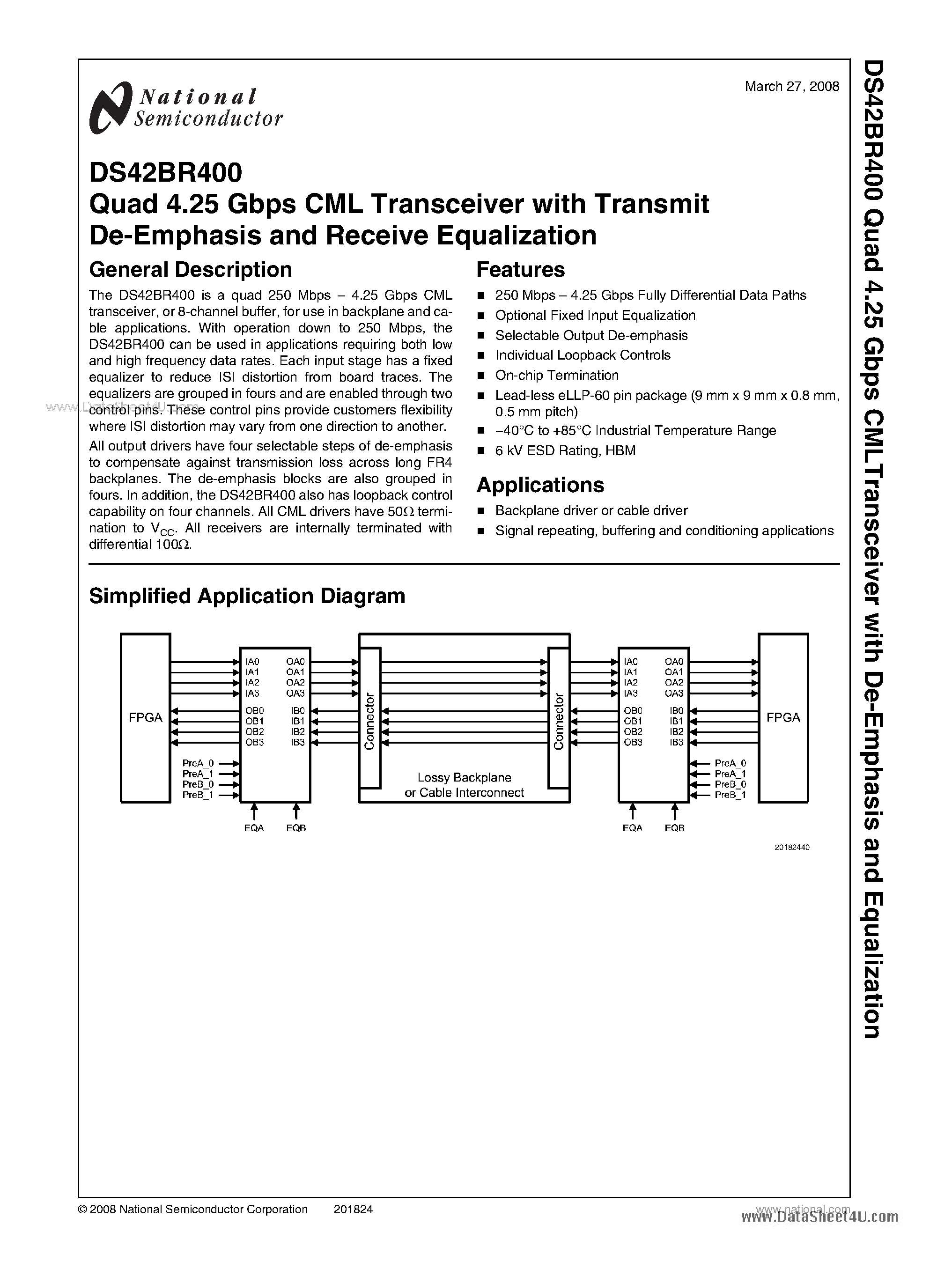 Datasheet DS42BR400 - Quad 4.25 Gbps CML Transceiver page 1