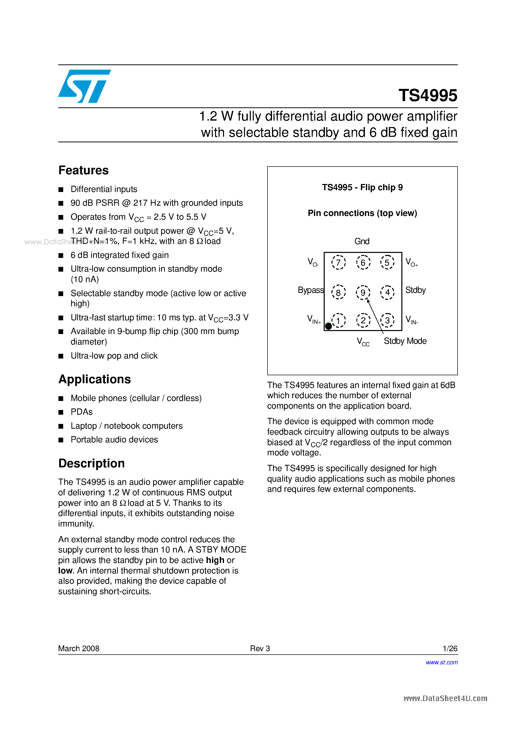 Datasheet TS4995 page 1 Datasheet TS4995 - 1.2 W fully differential audio power amplifier page 1