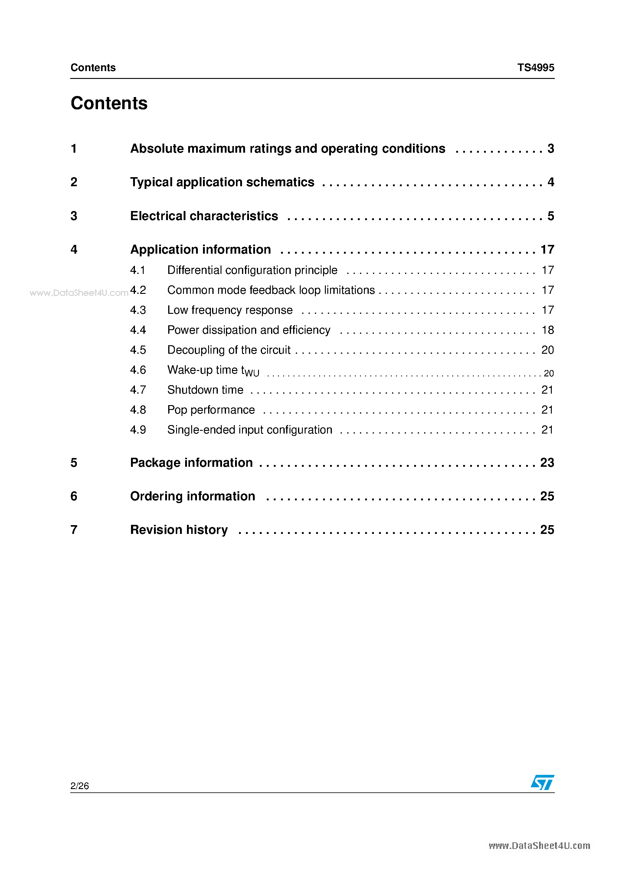 Datasheet TS4995 page 2 Datasheet TS4995 - 1.2 W fully differential audio power amplifier page 2