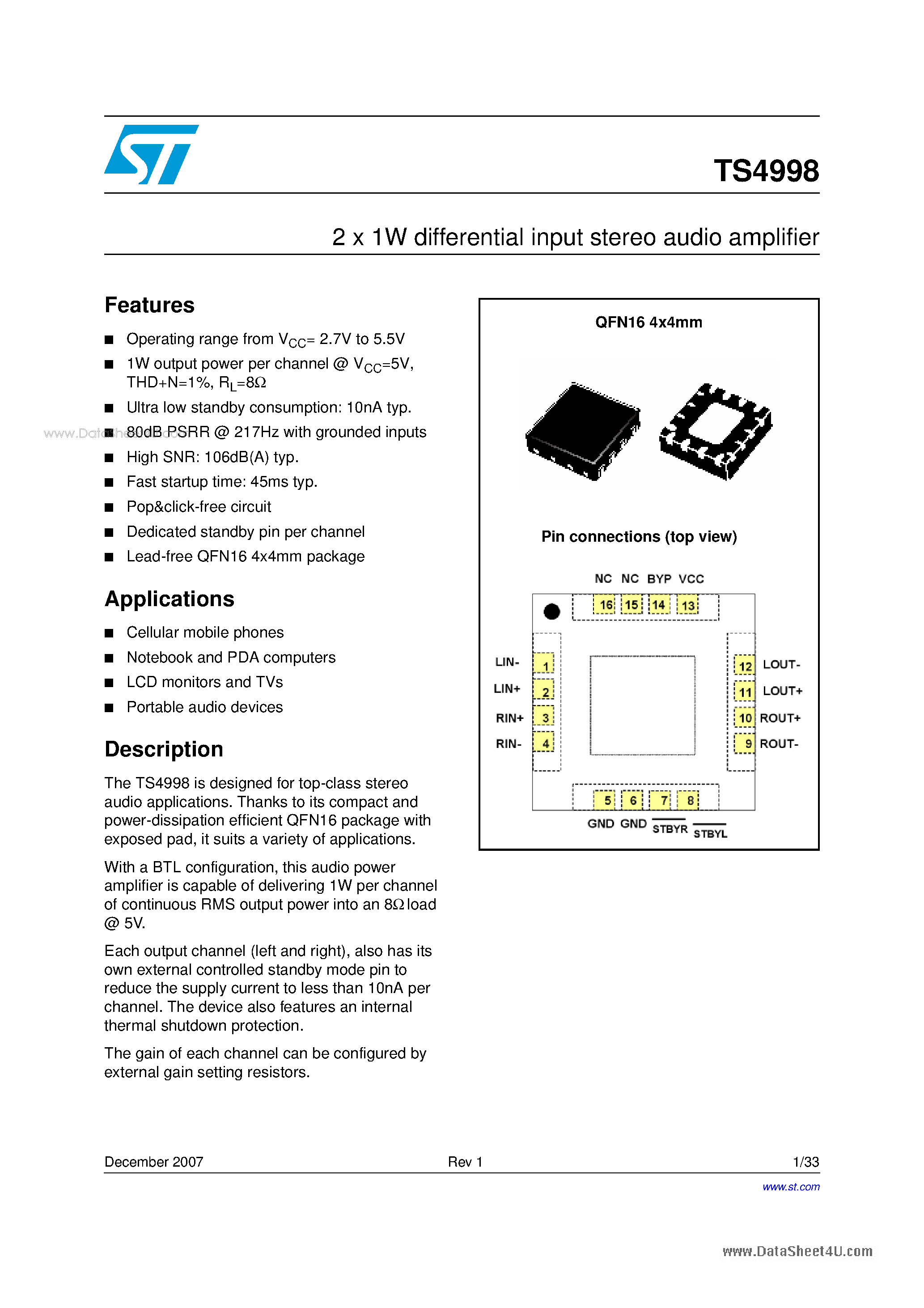 Даташит TS4998 - 2 x 1W differential input stereo audio amplifier страница 1