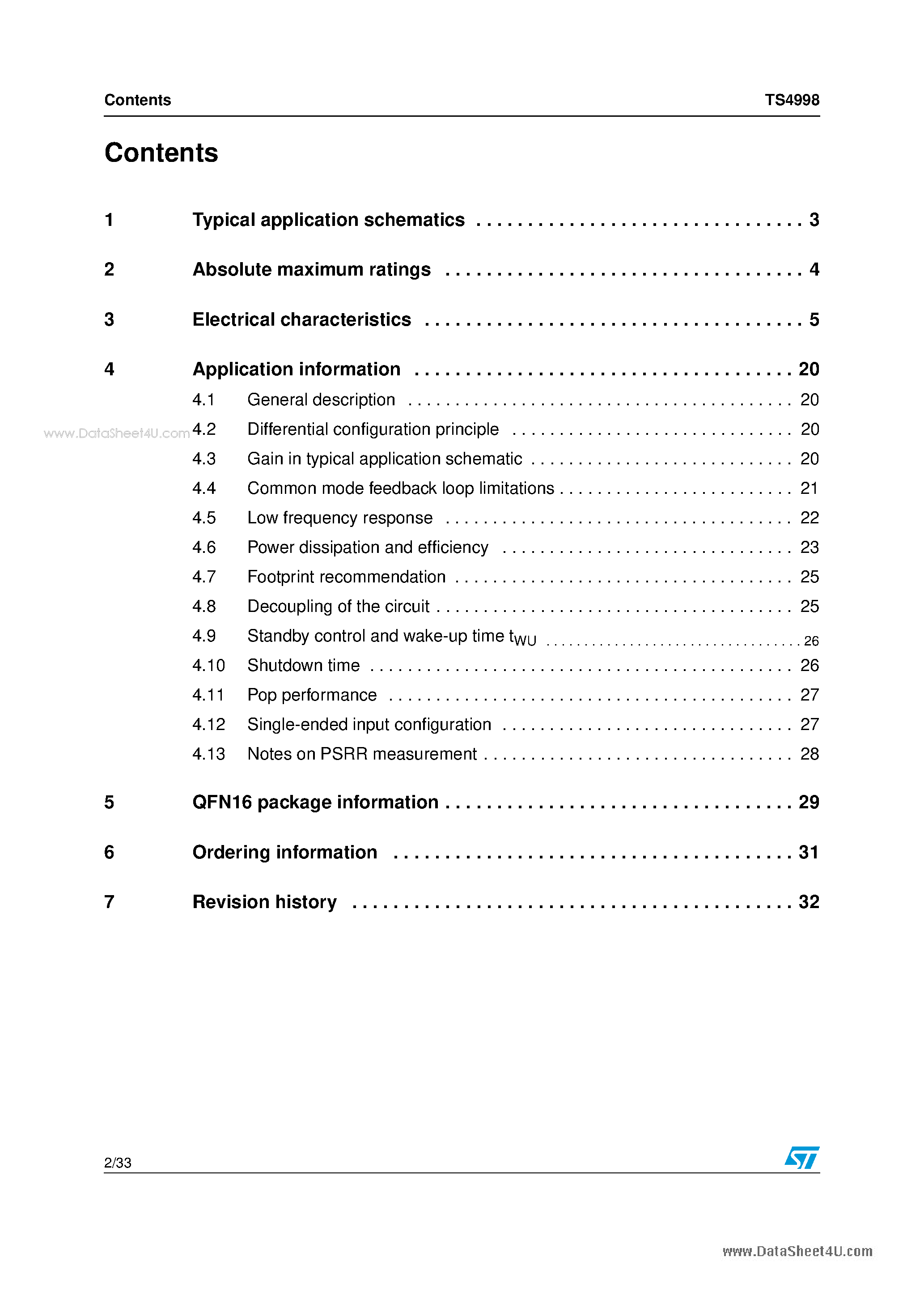 Даташит TS4998 - 2 x 1W differential input stereo audio amplifier страница 2