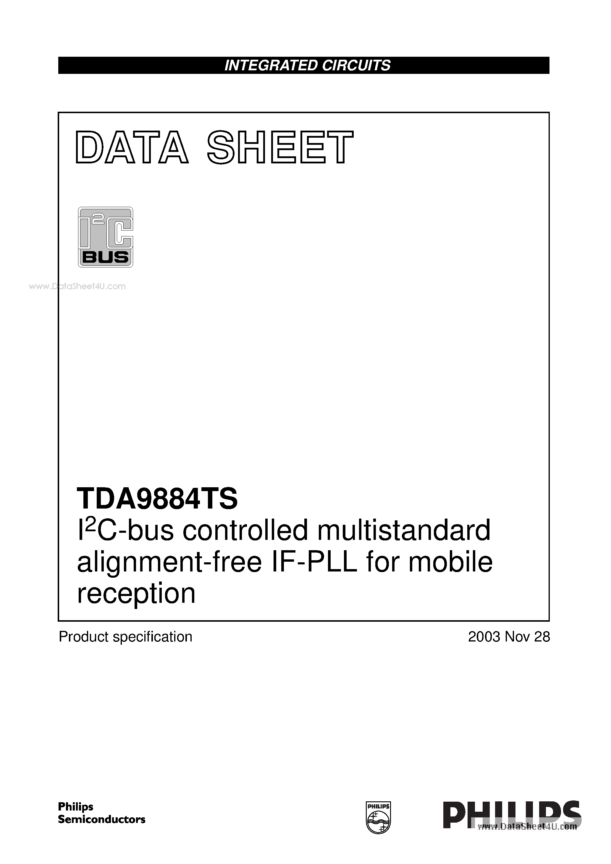 Datasheet TDA9884TS page 1 Datasheet TDA9884TS - I2C-bus controlled multistandard alignment-free IF-PLL page 1