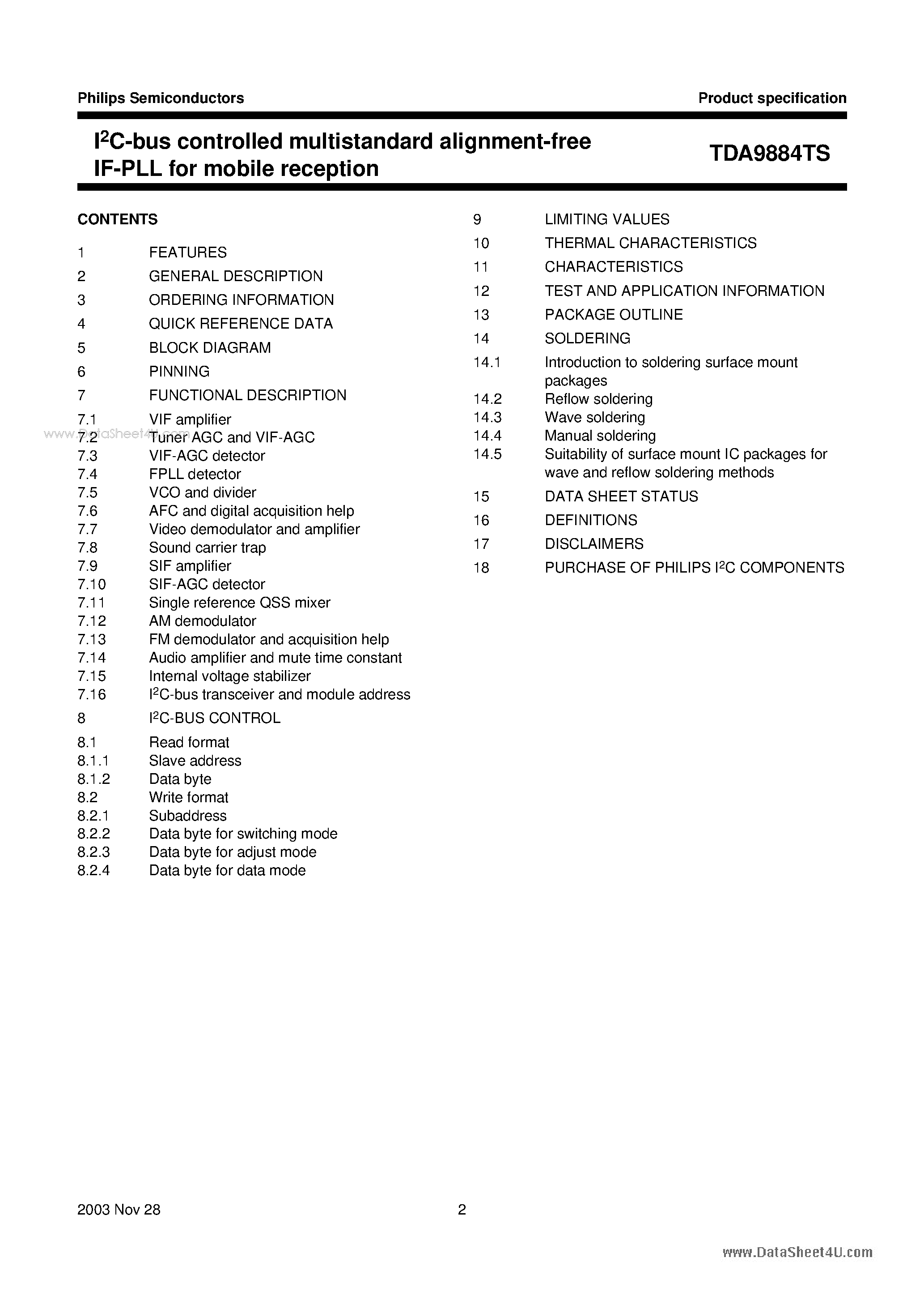 Datasheet TDA9884TS page 2 Datasheet TDA9884TS - I2C-bus controlled multistandard alignment-free IF-PLL page 2