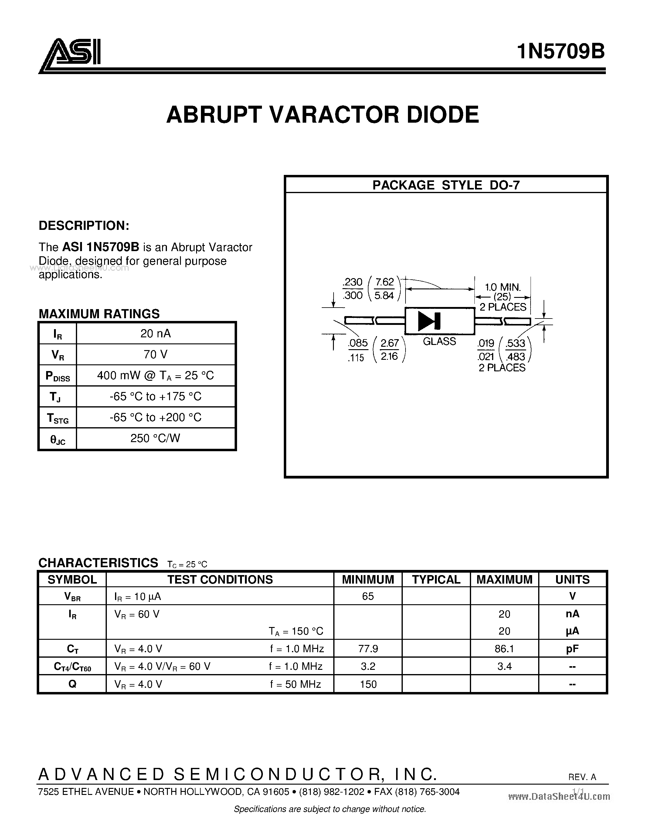 Даташит 1N5709B - ABRUPT VARACTOR DIODE страница 1
