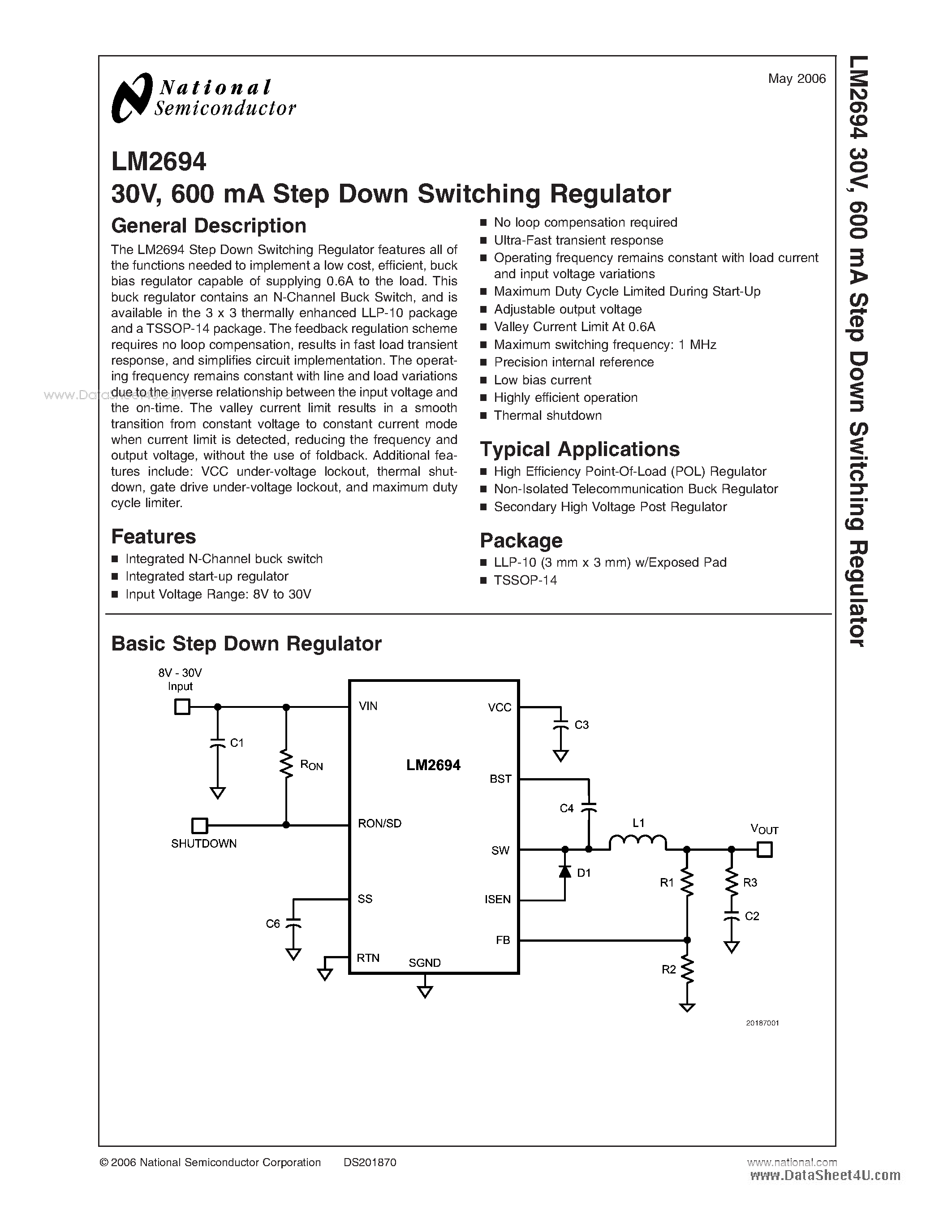 Datasheet LM2694 - 600 mA Step Down Switching Regulator page 1