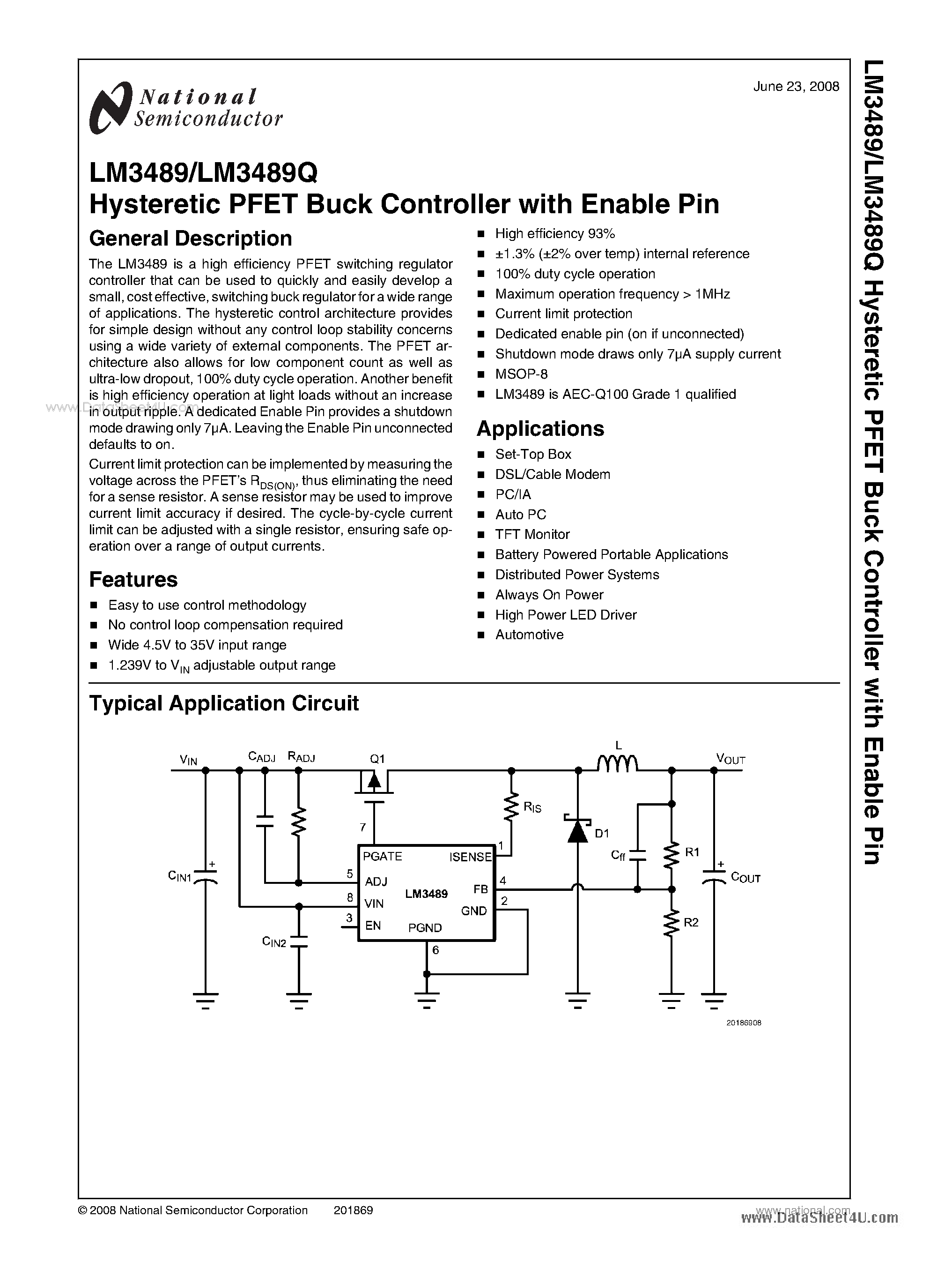 Datasheet LM3489 - Hysteretic PFET Buck Controller page 1