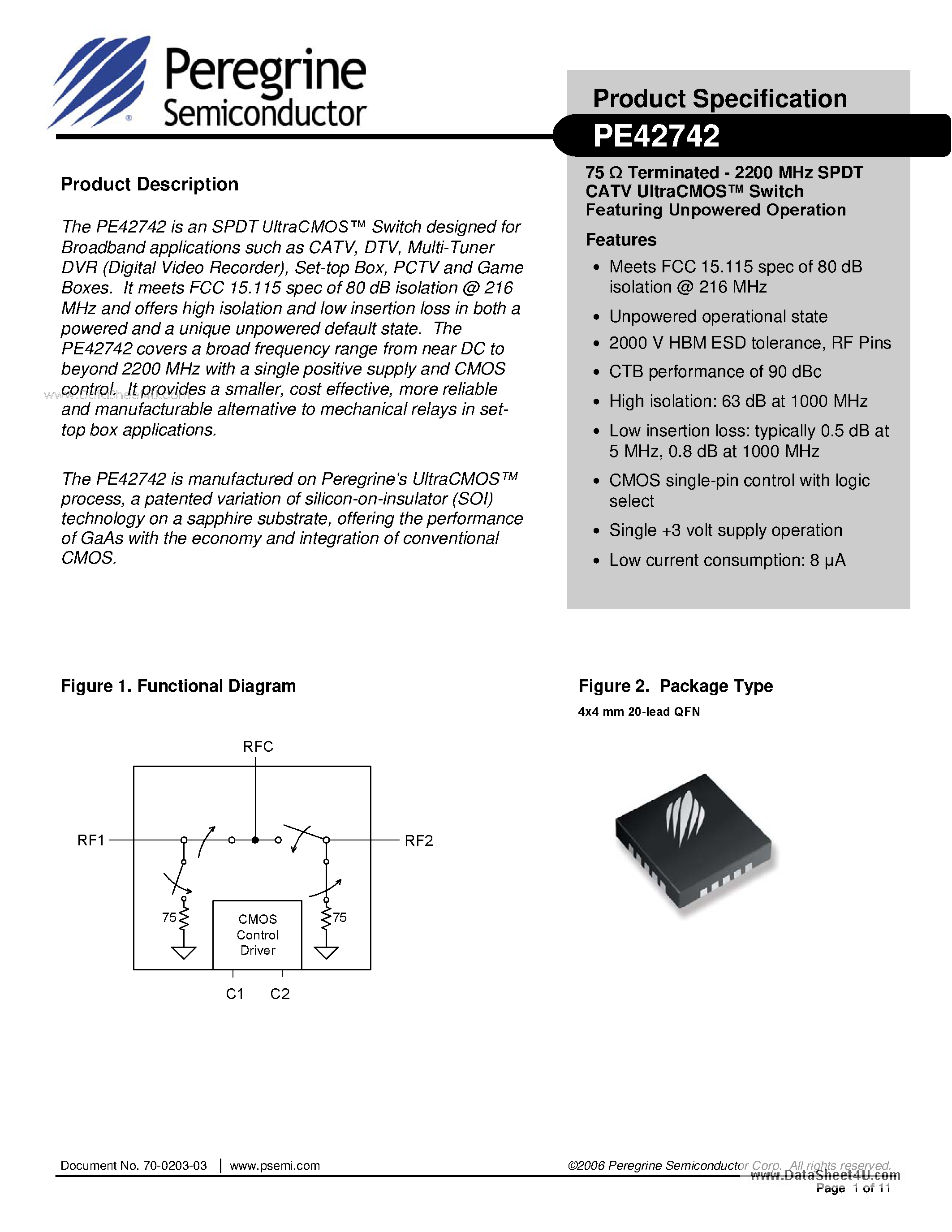 Datasheet PE42742 page 1 Datasheet PE42742 - 75 Terminated - 2200 MHz SPDT CATV UltraCMOS Switch Featuring Unpowered Operation page 1