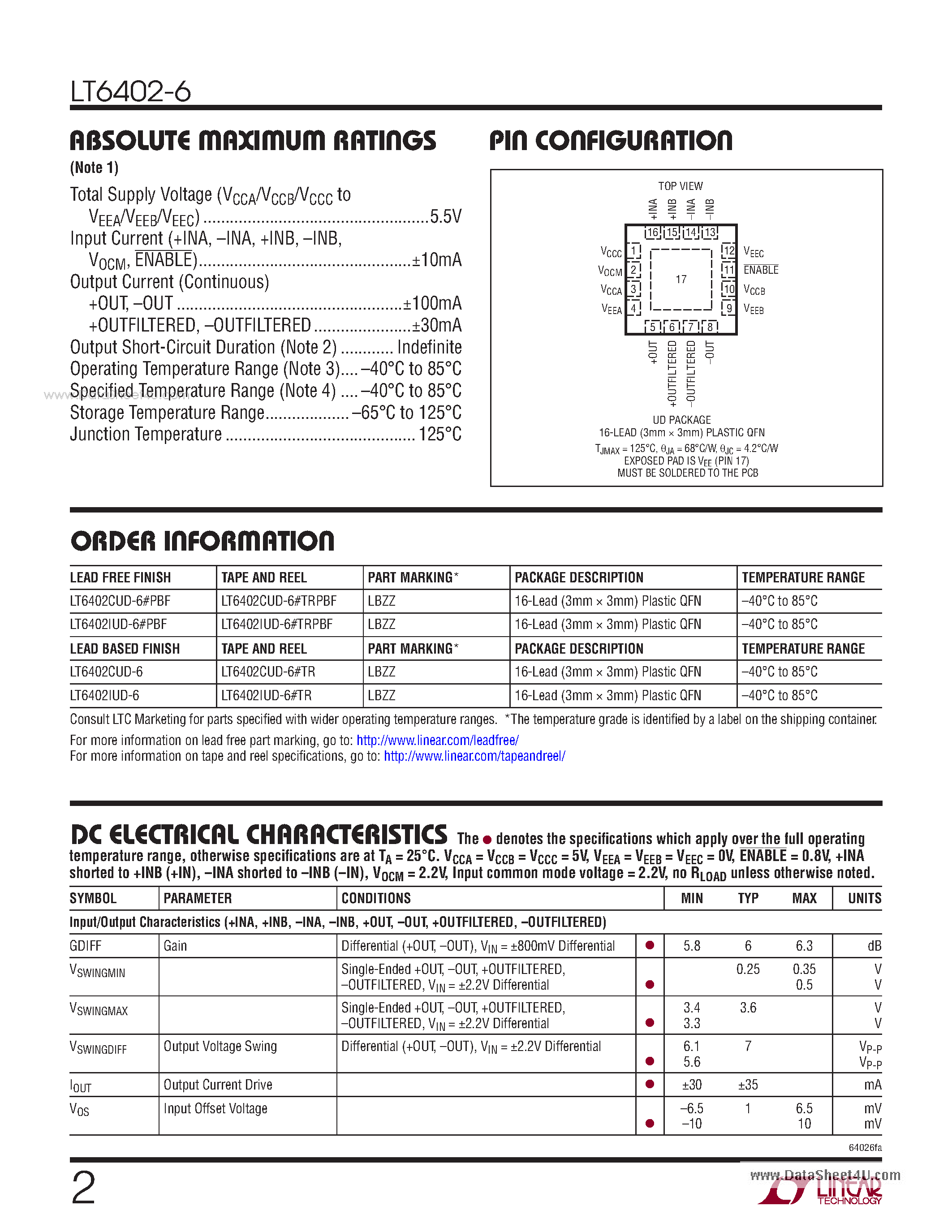 Даташит на микросхему LT6402-6 страница 2 Даташит LT6402-6 - Low Noise Differential Amplifier/ ADC Driver (AV = 6dB) страница 2