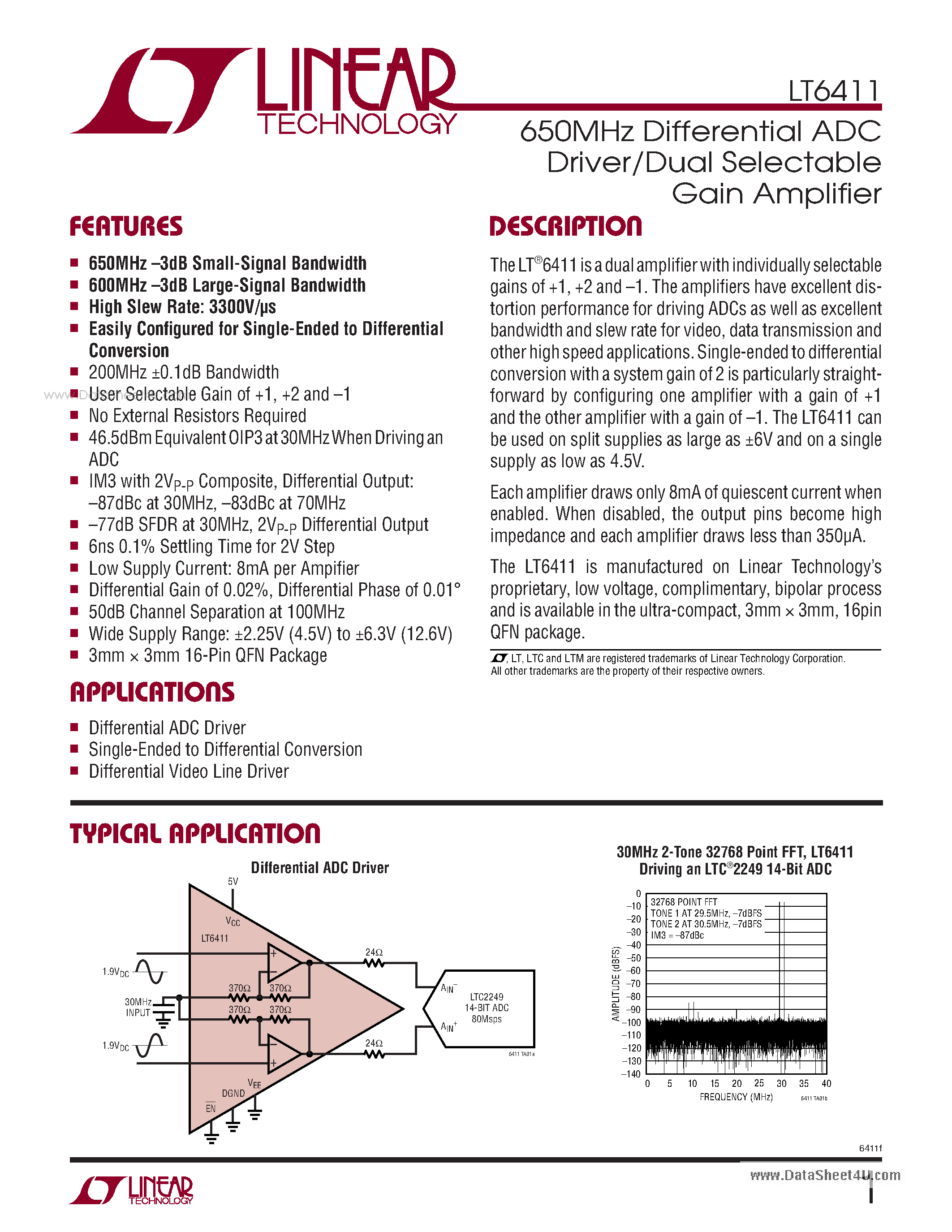 Datasheet LT6411 - 650MHz Differential ADC Driver/Dual Selectable Gain Amplifier page 1