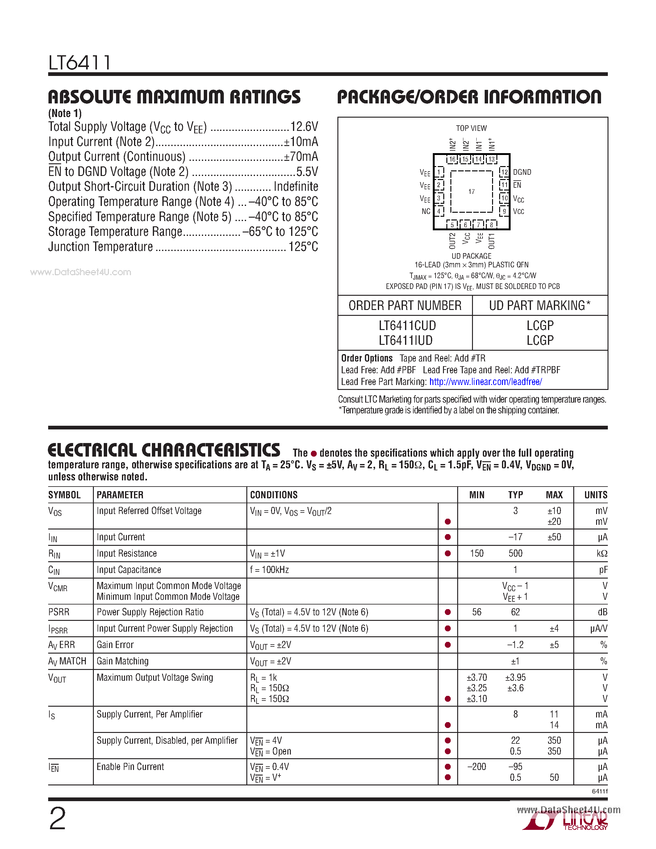 Datasheet LT6411 - 650MHz Differential ADC Driver/Dual Selectable Gain Amplifier page 2