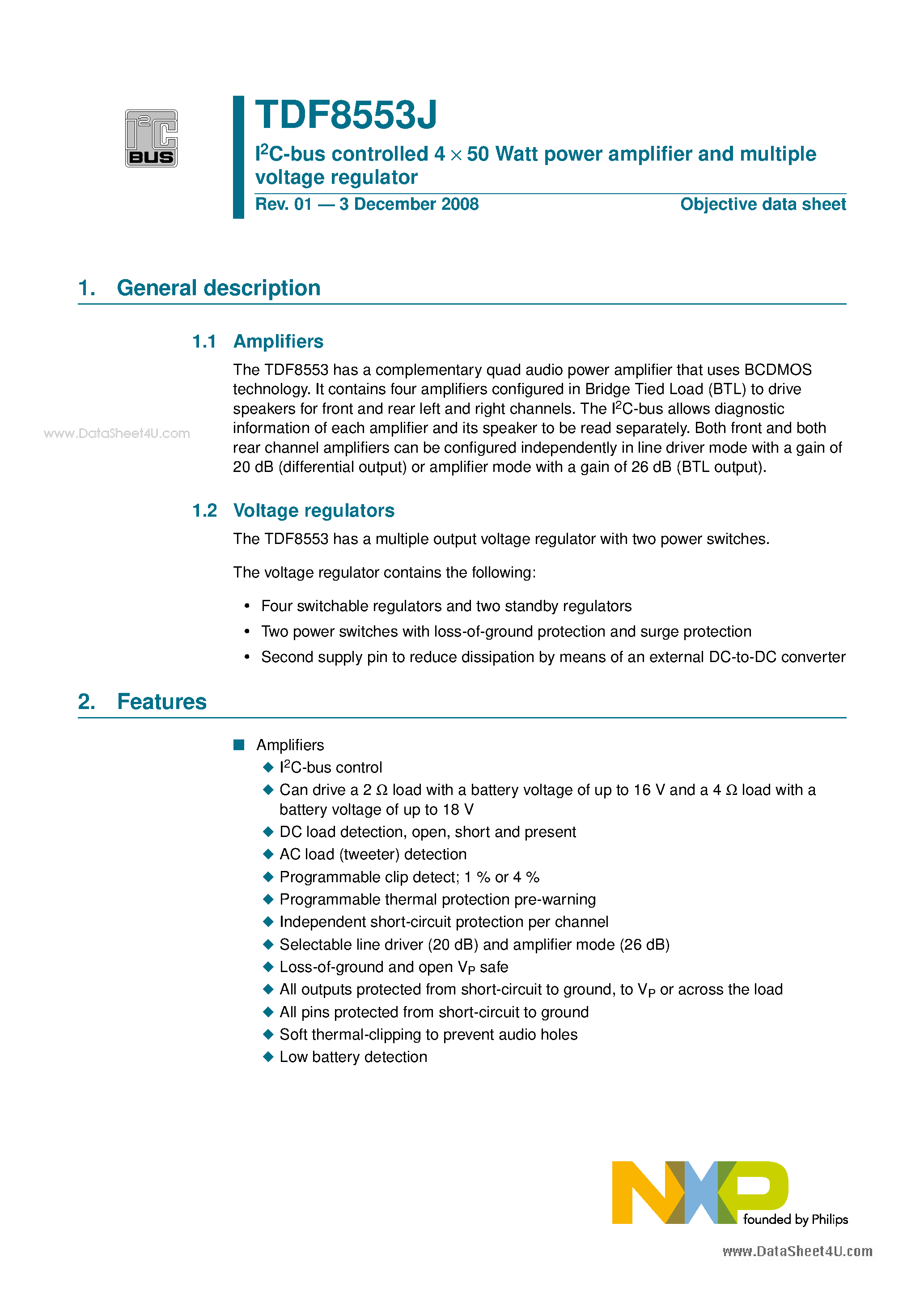 Datasheet TDF8553J - I2C-bus controlled 4 X 50 Watt power amplifier and multiple voltage regulator page 1