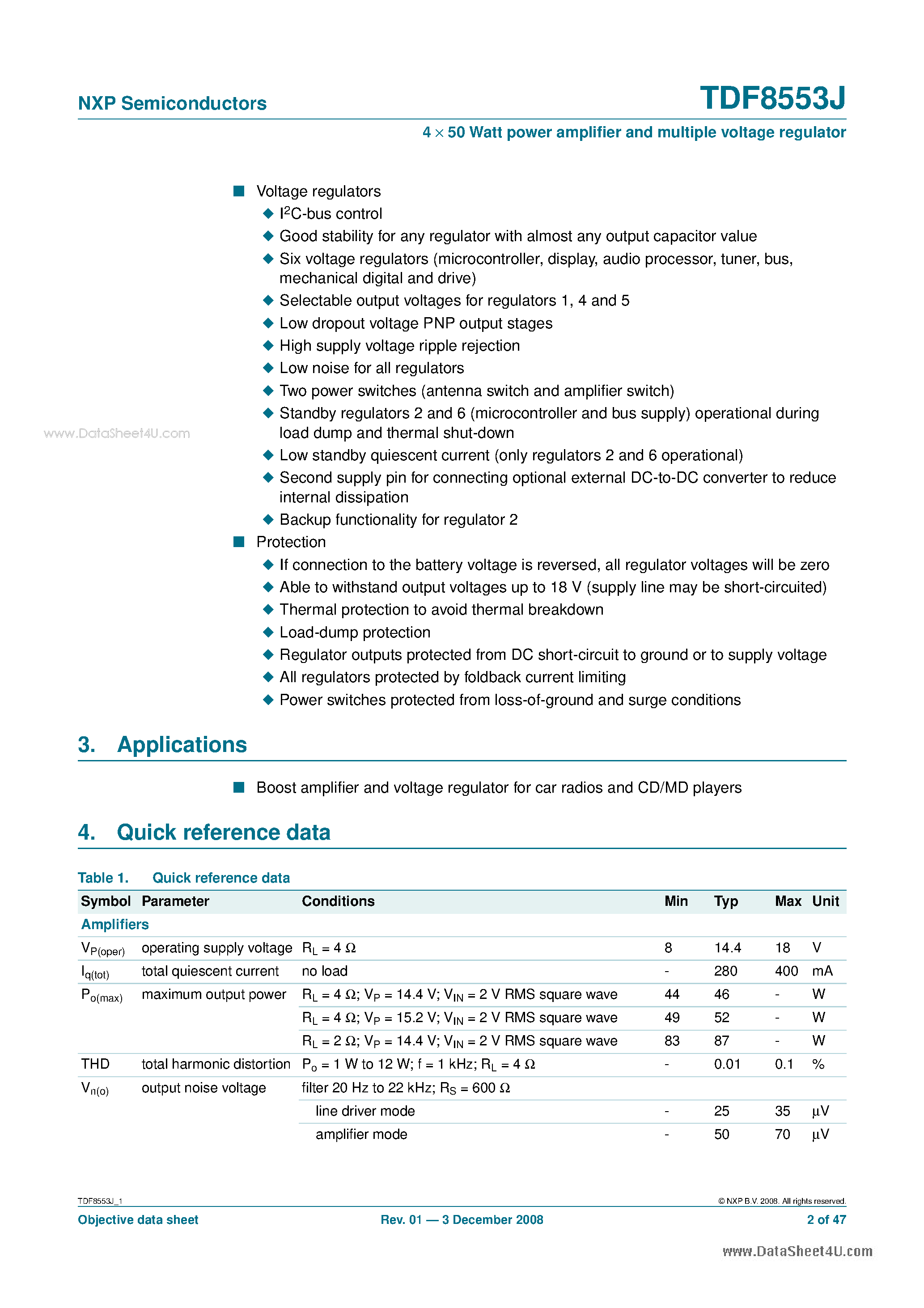 Datasheet TDF8553J - I2C-bus controlled 4 X 50 Watt power amplifier and multiple voltage regulator page 2