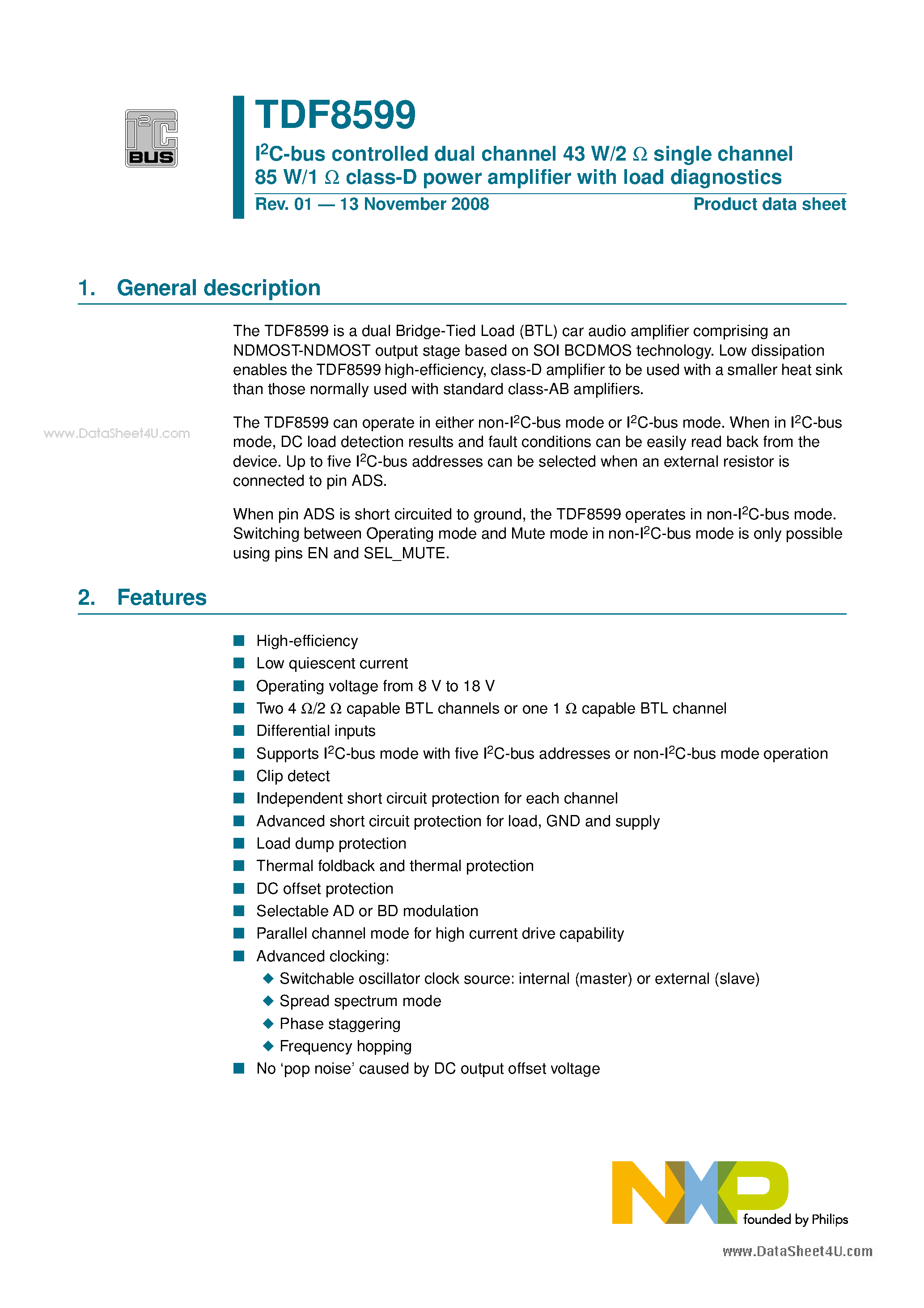 Datasheet TDF8599 - I2C-bus controlled dual channel 43 W/2 W single channel 85 W/1 W class-D power amplifier page 1