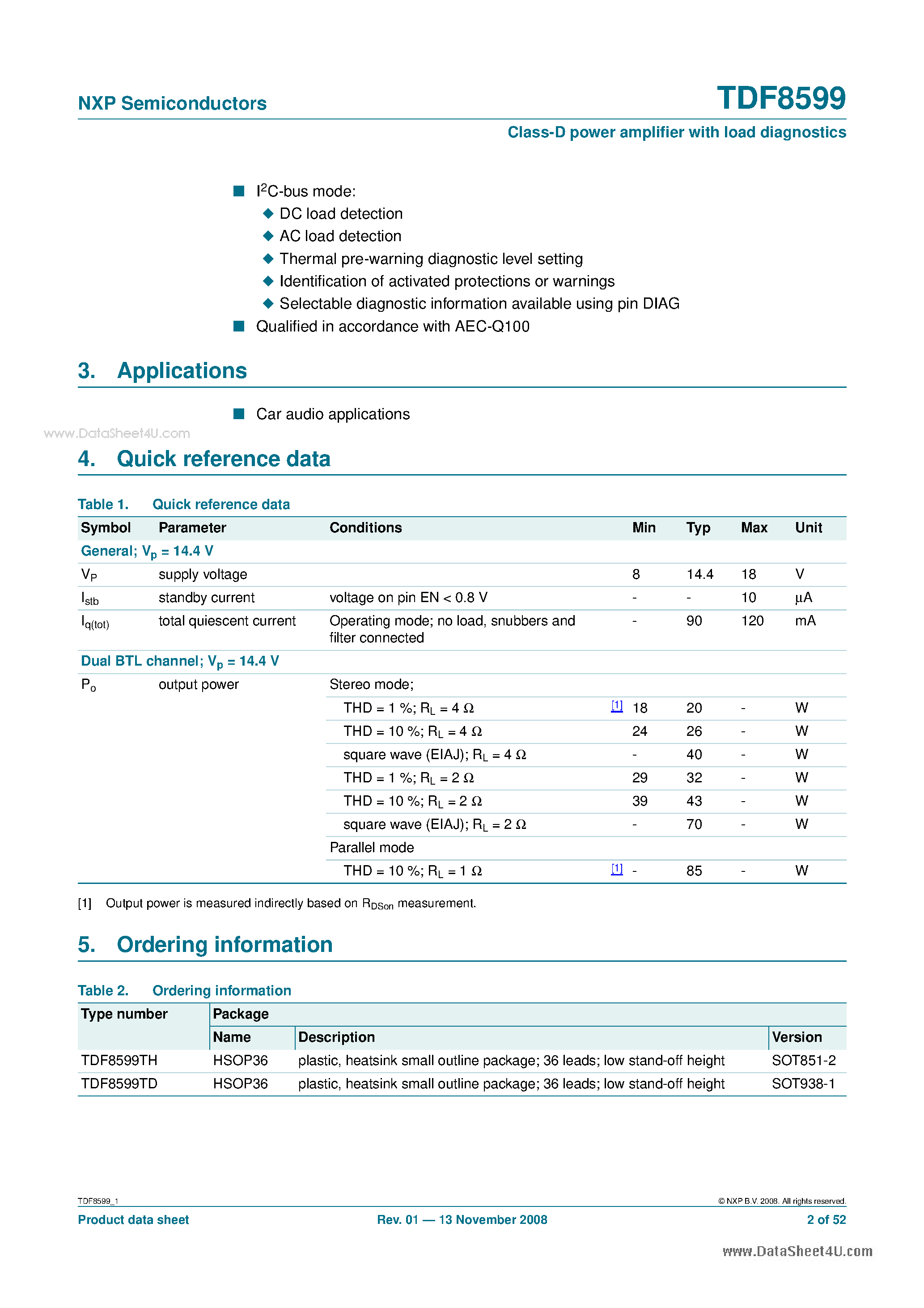 Datasheet TDF8599 - I2C-bus controlled dual channel 43 W/2 W single channel 85 W/1 W class-D power amplifier page 2