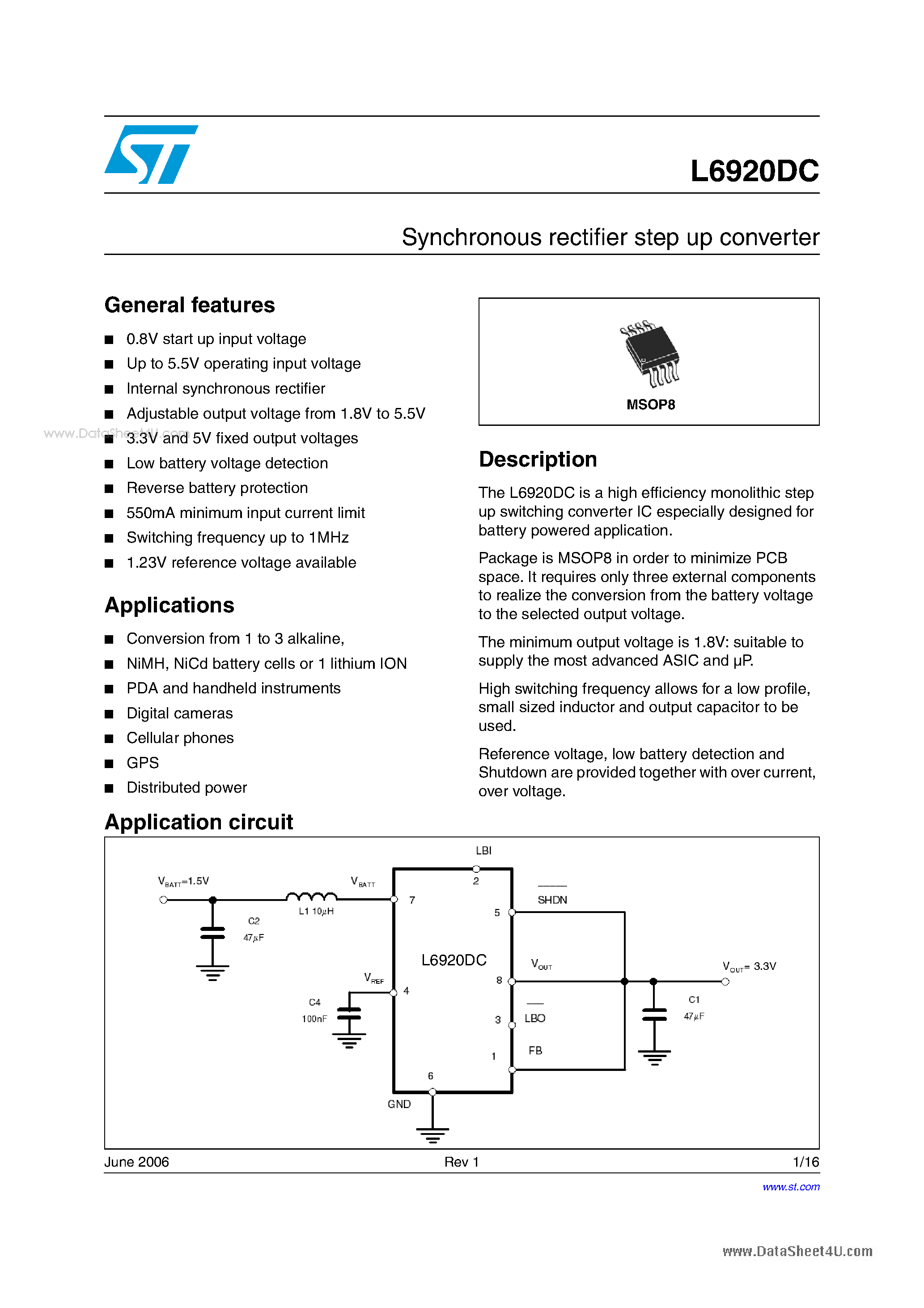 Даташит на микросхему L6920DC страница 1 Даташит L6920DC - Synchronous rectifier step up converter страница 1