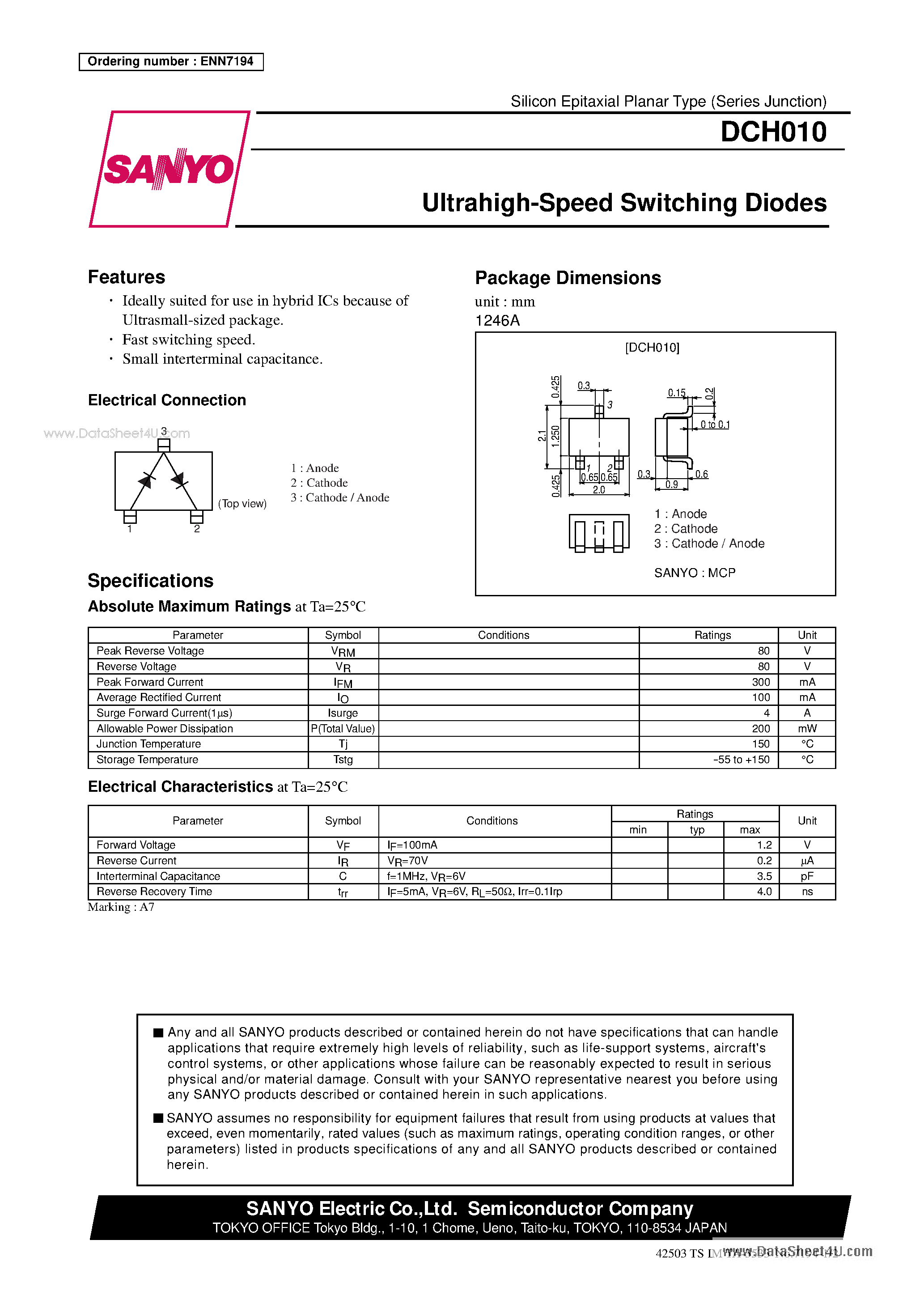 Даташит на микросхему DCH010 страница 1 Даташит DCH010 - Ultrahigh-Speed Switching Diodes страница 1