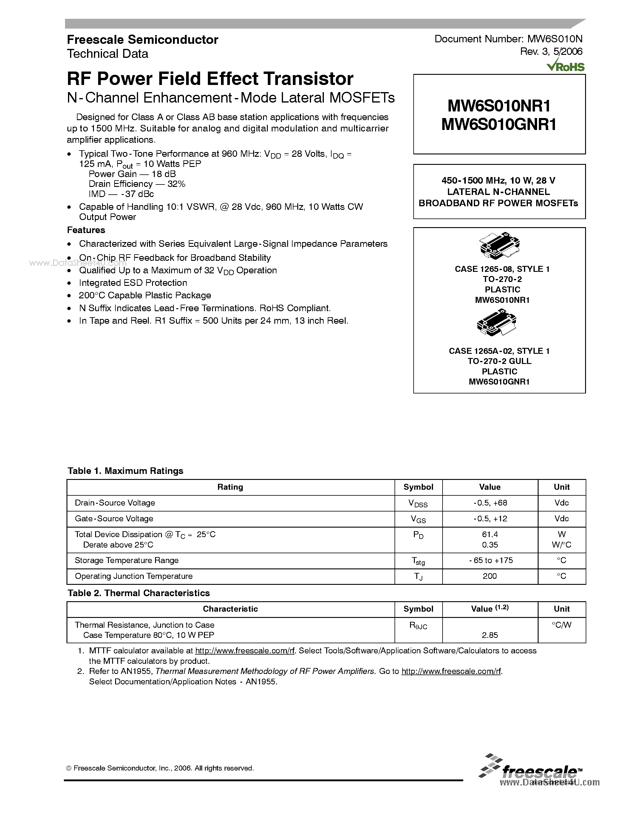 Datasheet MW6S010GNR1 - LATERAL N-CHANNEL BROADBAND RF POWER MOSFETs page 1